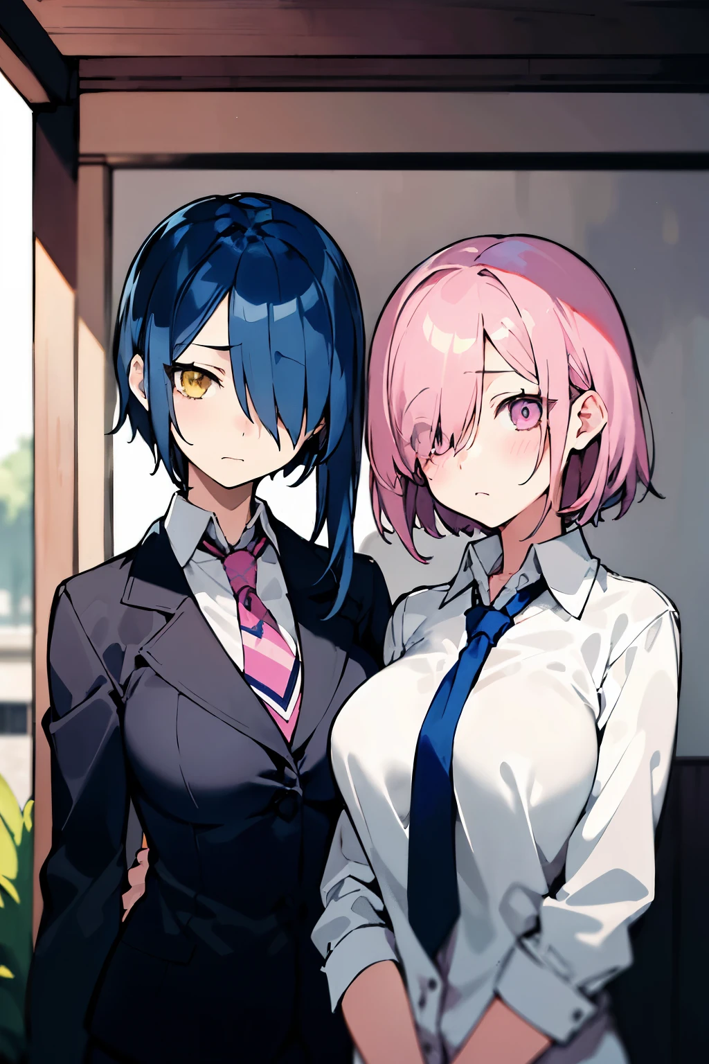 2 girls ,masterpiece, best quality, indoors,girl_1: long hair, blue hair, yellow eyes, hair over one eye, large breasts, sad, (necktie:0.9),                                                                   girl_2: masterpiece, best quality, outdoors, short hair, pink hair ,silver eyes, medium breasts, sad, (necktie:0.9),