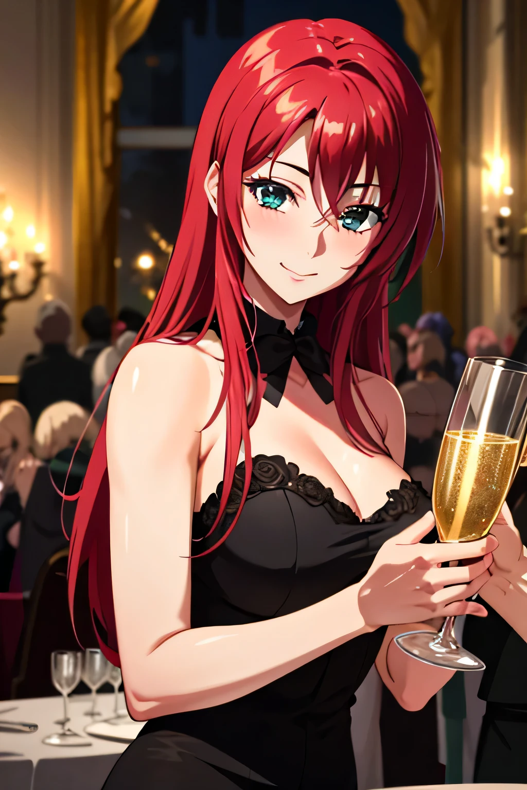 (best quality,8k,highres,masterpiece:1.2),ultra-detailed,(realistic,photorealistic,photo-realistic:1.37),Rias Gremory,ball,,dress,eyes shining,detailed face,vivid colors,background with people,16k resolution,illustration,sparkling lights,celebration,dancing,beautifully decorated venue,warm atmosphere,lively music,dancing couples,enjoying drinks and conversations,confetti in the air,balloons in vibrant colors,glamorous outfits,exquisite ball gown and tuxedo,champagne glasses raised in toasts,laughter and smiles,energetic dance moves and twirls,people socializing and having fun,group photos and selfies,exquisite makeup and hairstyle,ornate chandeliers casting a soft glow,warm candlelight illuminating the scene,elegant and classy ambiance,excitement and joy filling the air,memorable and enchanting evening, black dress, soft smile
