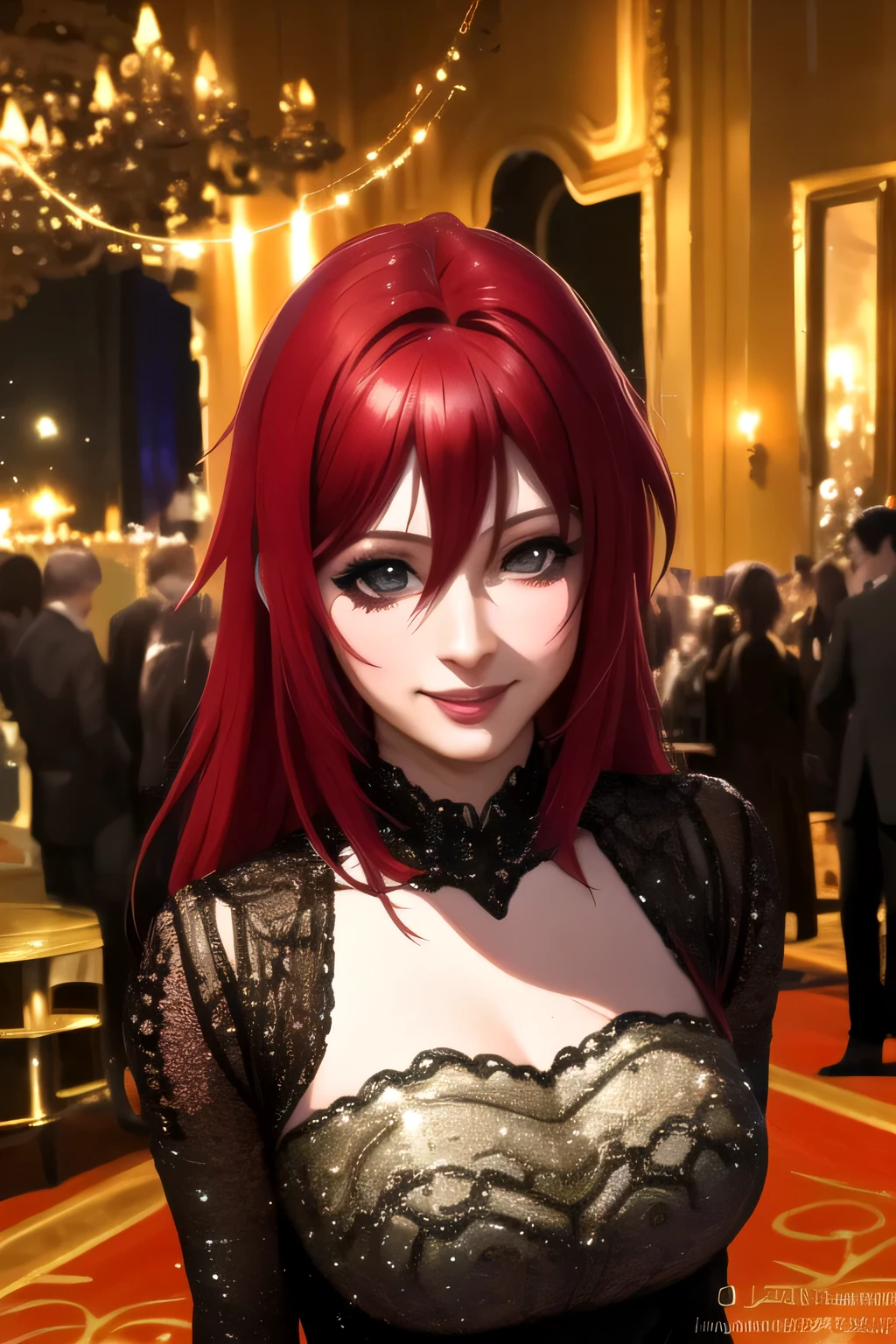 (best quality,8k,highres,masterpiece:1.2),ultra-detailed,(realistic,photorealistic,photo-realistic:1.37),Rias Gremory,ball,,dress,eyes shining,detailed face,vivid colors,background with people,16k resolution,illustration,sparkling lights,celebration,dancing,beautifully decorated venue,warm atmosphere,lively music,dancing couples,enjoying drinks and conversations,confetti in the air,balloons in vibrant colors,glamorous outfits,exquisite ball gown and tuxedo,champagne glasses raised in toasts,laughter and smiles,energetic dance moves and twirls,people socializing and having fun,group photos and selfies,exquisite makeup and hairstyle,ornate chandeliers casting a soft glow,warm candlelight illuminating the scene,elegant and classy ambiance,excitement and joy filling the air,memorable and enchanting evening, black dress