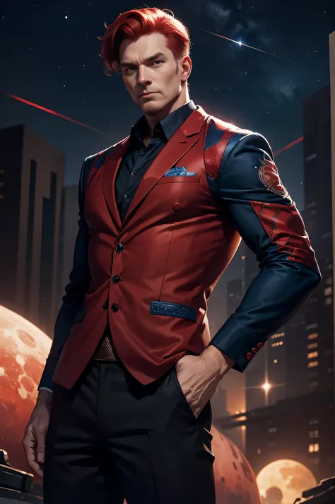 man that have red hair , 1 mature man , wearing red blue and black outfit , moons and stars pattern,  poses  looking cool, ,