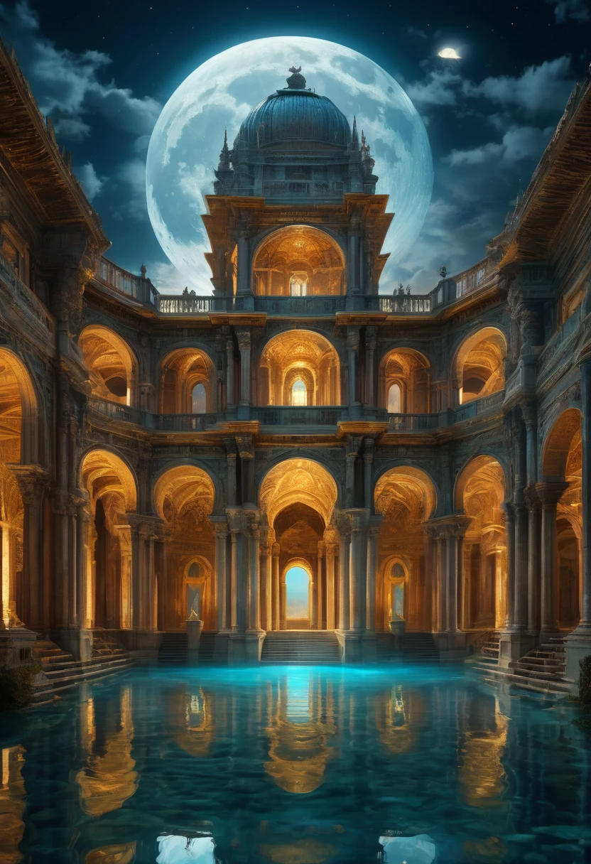 Waterfall, full moon and heat haze combine, mystical atmosphere, ornate palace, reflective water, ultrahigh definition, 3D depth, inspired by Leonardo da Vinci, Rembrandt, J.M.W. Turner