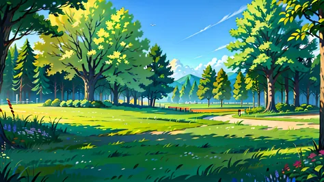 Illustration of a summer landscape, green tree, green grass, picnic bench, corn field, daylight.