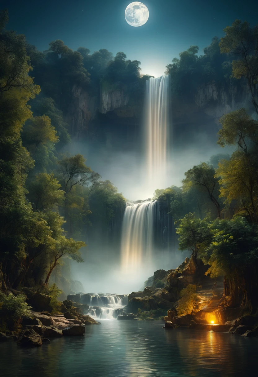 Waterfall, full moon and heat haze combine, mystical atmosphere, big waterfall, reflective water, ultrahigh definition, 3D depth, inspired by Leonardo da Vinci, Rembrandt, J.M.W. Turner
