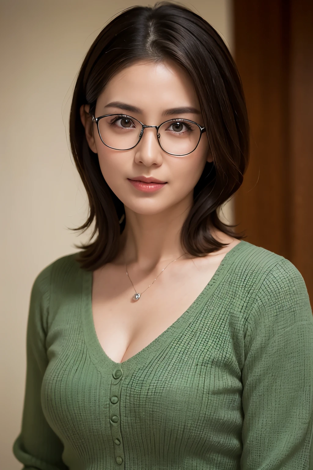 8k, highest quality, masterpiece, realistic, Photoreal, super detailed, Natural light, well-shaped chest, I can see the cleavage, 1 person, 35 year old female, black hair, short hair, straight hair, silver rim glasses, ((look into the viewer&#39;s eyes)), pendant, Emerald green knitted V-neck shirt, highly detailed face and skin, detailed eye, highly detailed face and skin