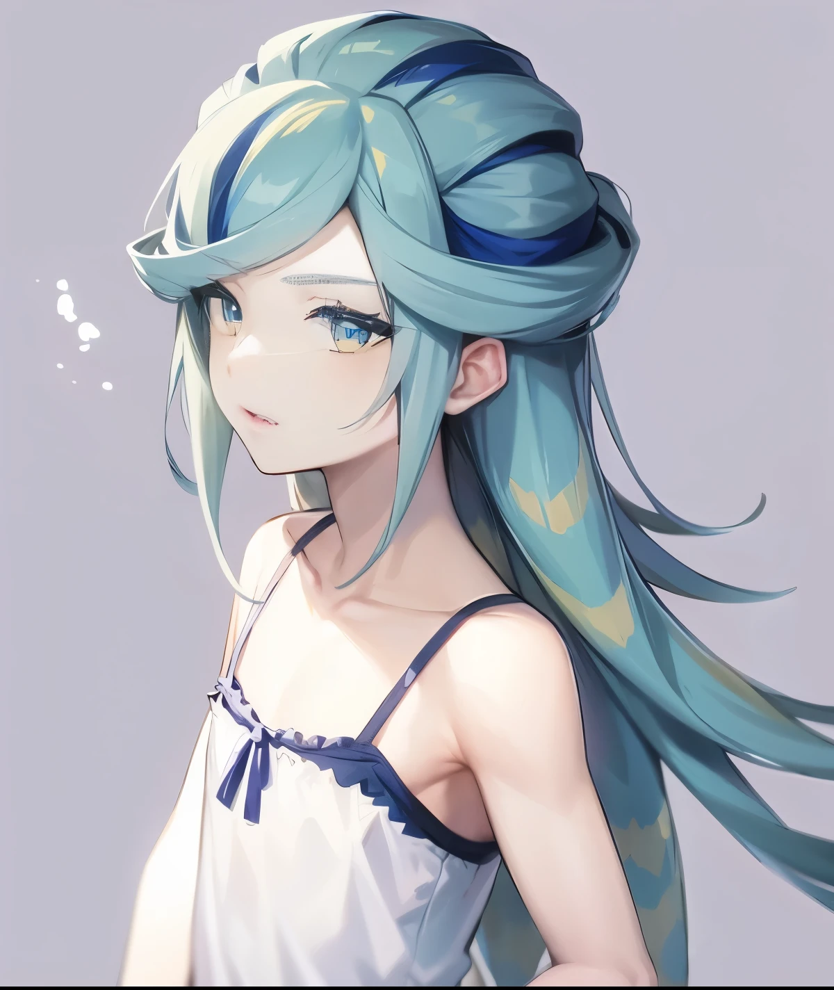 anime boy with long green hair and blue eyes in a white camisole, anime boy with teal hair, with long turquoise hair, blue eyed man, clothing:white camisole, anime boy with long hair, 美しいblue-green hair男の子, Braid, half up hair, blue-green hair, zodiac boy, Camisole underwear, white mini skirt, pretty anime boy, (anime boy), beautiful anime boy, portrait zodiac boy, 白いCamisole underwearを着て, casual atmosphere,
