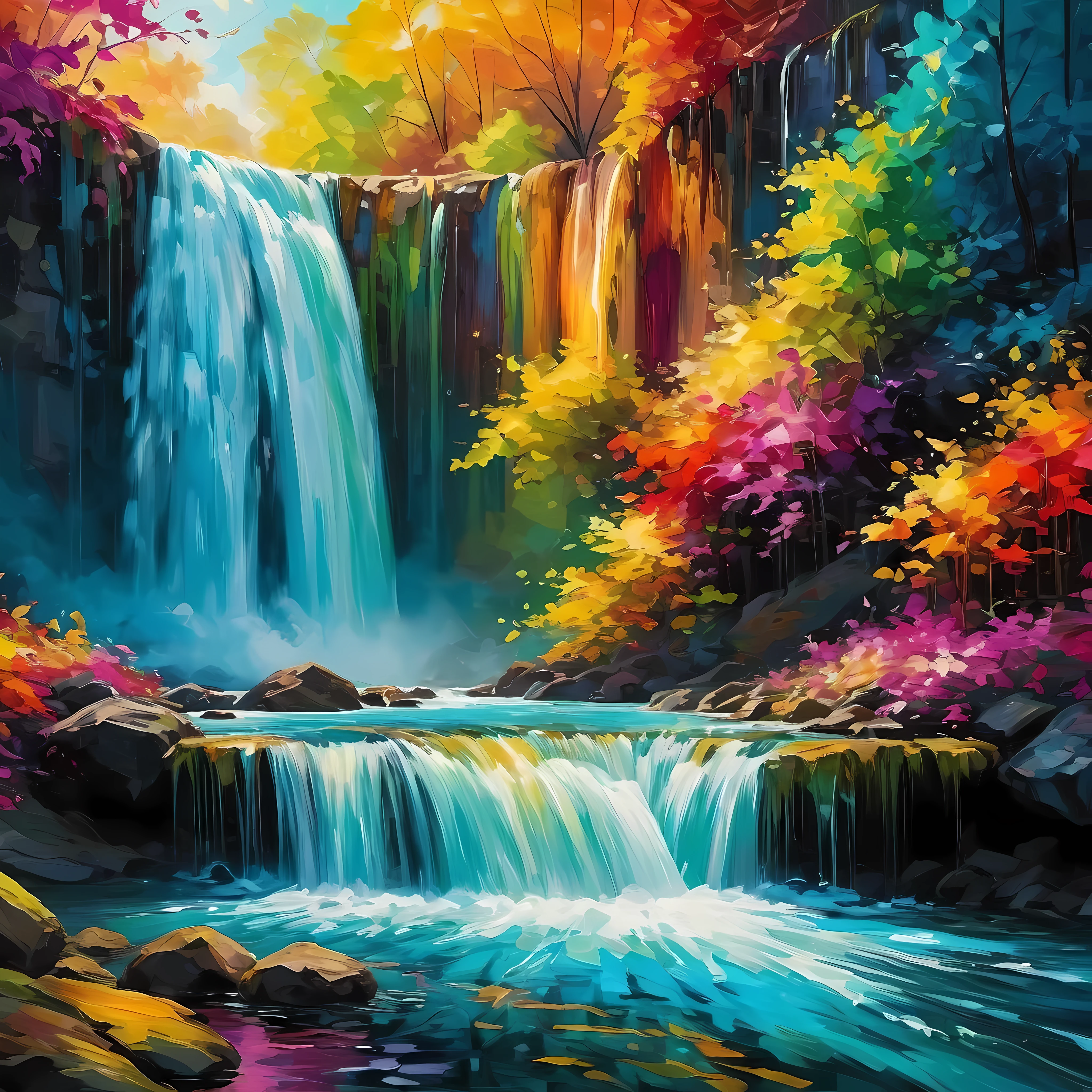 Design a captivating abstract waterfall, vibrant colors, abstract shapes, depth, masterpiece in maximum 16K resolution, superb quality. | ((More_Detail))