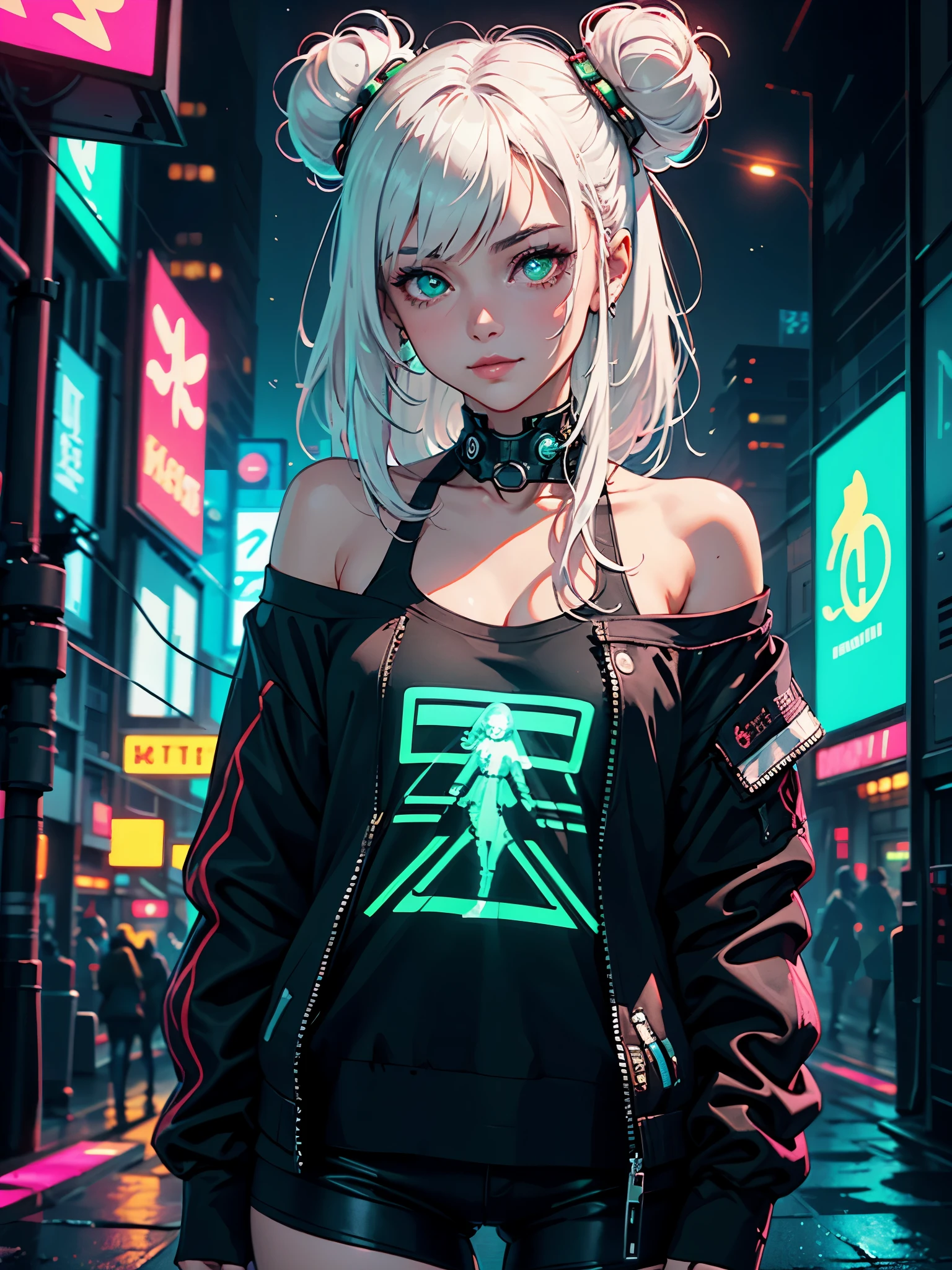 1girl, solo, white hair, hair in two buns, barcode, looking at viewer, lips, chromatic aberration, alluring smirk, long hair, upper body, off shoulder, android, shirt, cyberpunk, glowing green eyes,science fiction, cable,neon lights,(cyberpunk:1.2), looking over shoulder