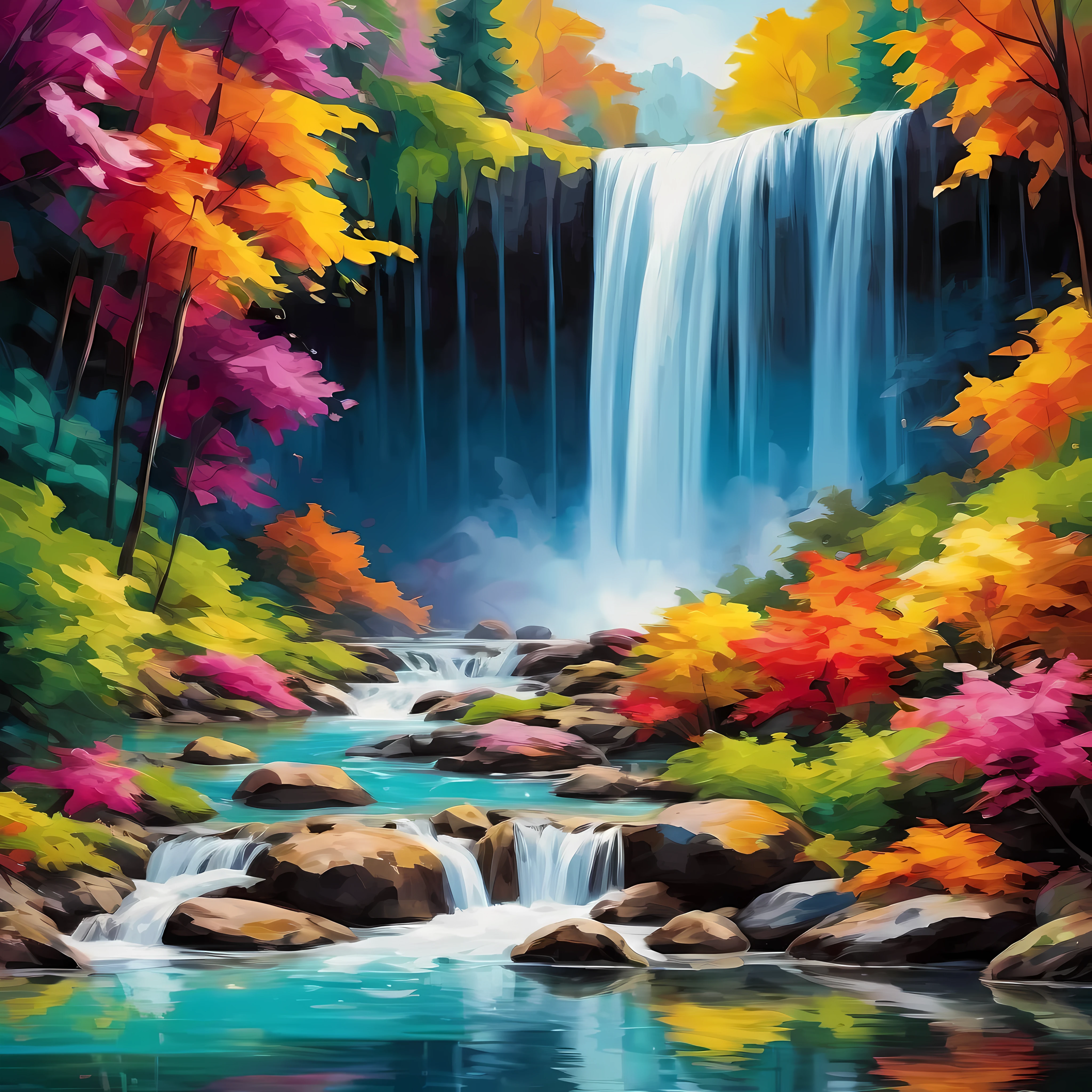 Design a captivating abstract waterfall, vibrant colors, abstract shapes, depth, masterpiece in maximum 16K resolution, superb quality. | ((More_Detail))