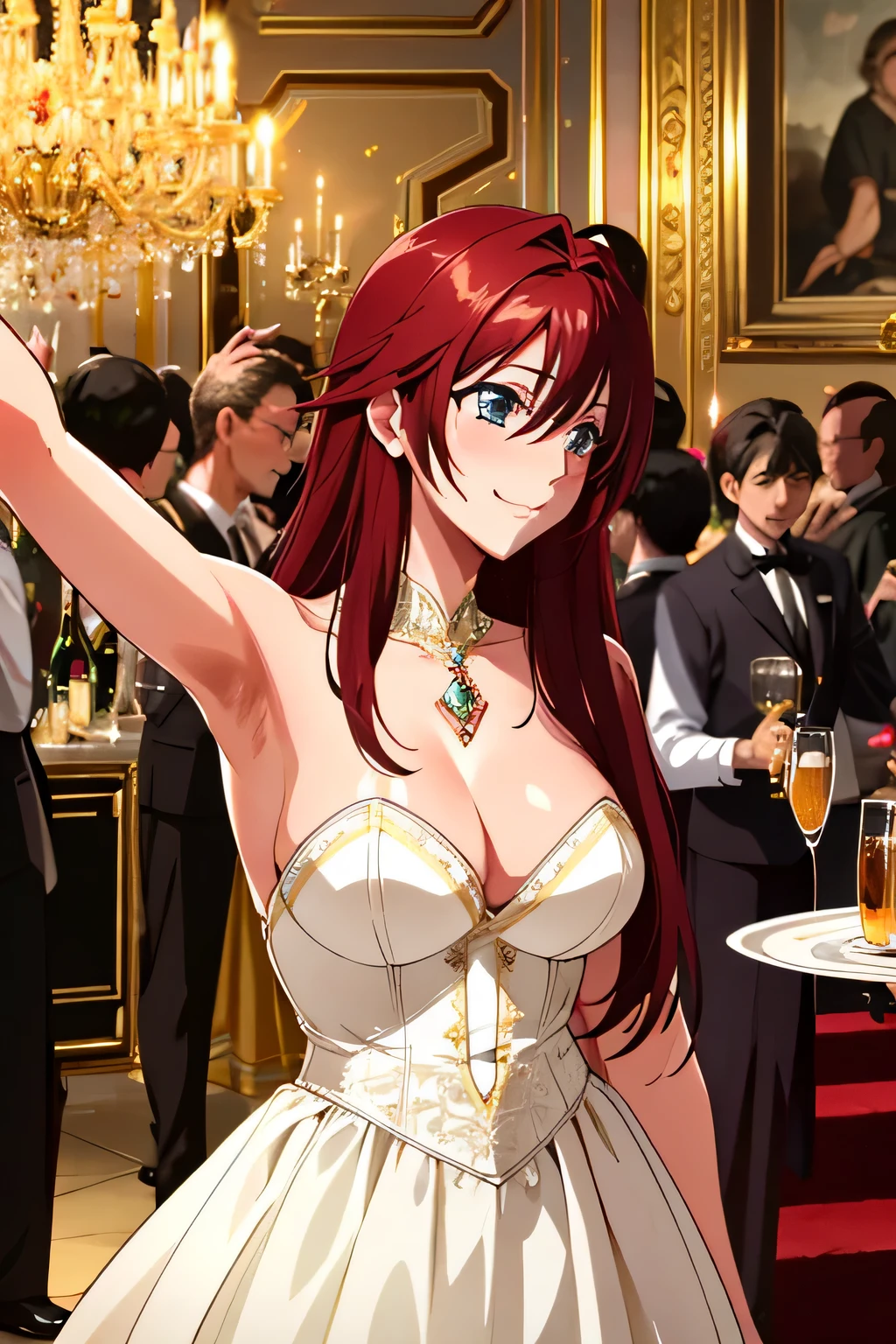 (beste Qualität,8k,highres,Meisterwerk:1.2),ultra-detailliert,(realistisch,photorealistisch,photo-realistisch:1.37),Rias Gremory,Ball,,Kleid,leuchtende Augen,Detailliertes Gesicht,lebendige Farben,Hintergrund mit Menschen,16k Auflösung,Illustration,funkelnde Lichter,Feier,Tanzen,wunderschön dekorierter Veranstaltungsort,warme Atmosphäre,lebendige Musik,Tanzen couples,Getränke und Gespräche genießen,Konfetti in der Luft,Balloons in vibrant colors,glamouröse Outfits,exquisite Ball gown and tuxedo,Dekorationen in Gold und Rot,Champagnergläser zum Anstoßen erhoben,Lachen und Lächeln,energische Tanzbewegungen und Drehungen,Menschen, die Kontakte knüpfen und Spaß haben,Gruppenfotos und Selfies,exquisites Make-up und Frisur,kunstvolle Kronleuchter verbreiten ein sanftes Licht,warmes Kerzenlicht erhellt die Szene,elegantes und stilvolles Ambiente,Aufregung und Freude liegen in der Luft,unvergesslicher und bezaubernder Abend, erstellt von MAPPA.