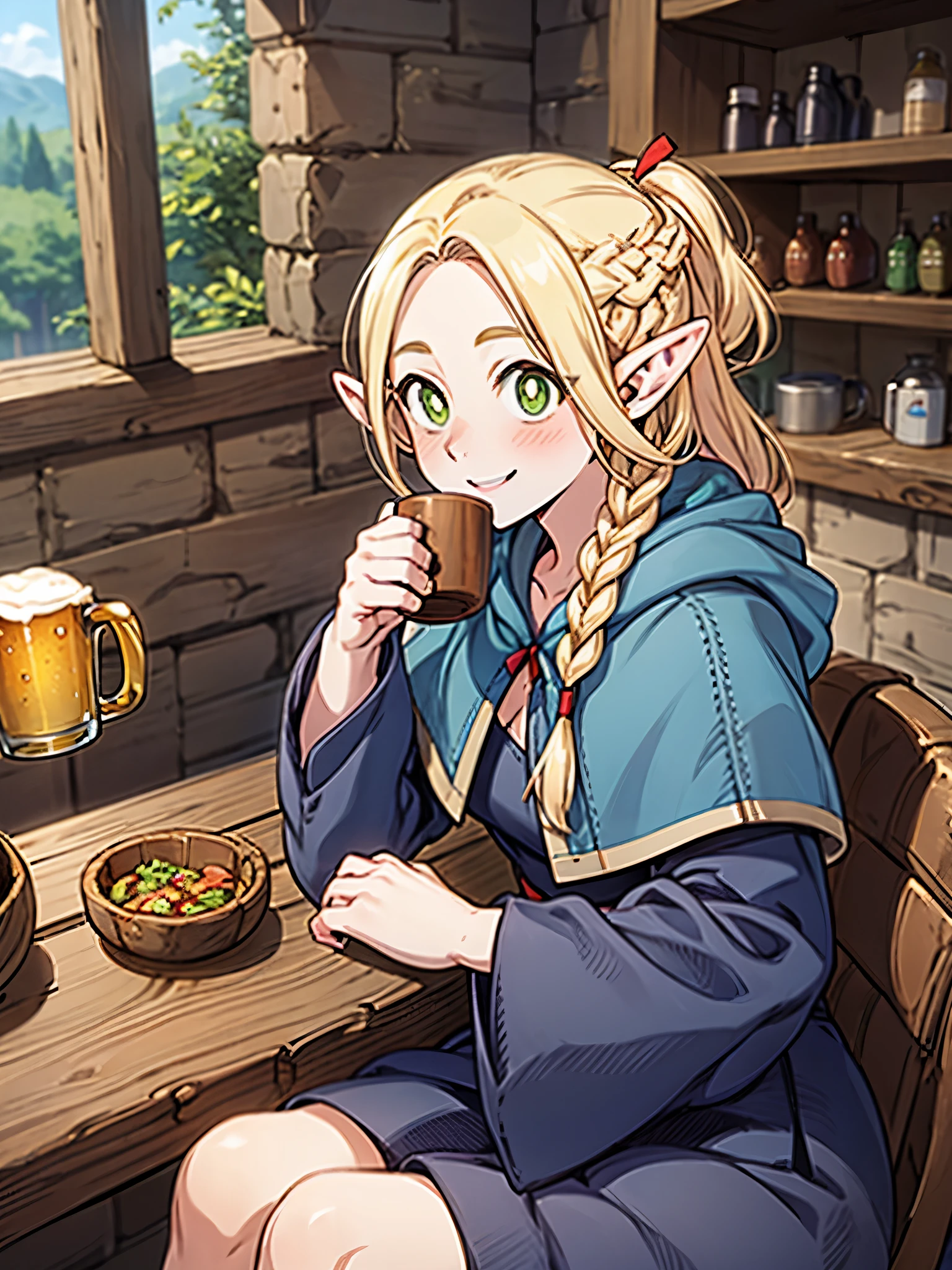 (((Marcille Donato))),(((perfect human body:1.3)))、(((one woman:1.3))),Long yellow hair with braids and ponytail、red ribbon、BREAK,(((robe、sandals))),BREAK,(((smile:1.3))),BREAK,(((cheeks are bright red:1.3)))、(((Sitting down at an adventurer&#39;s tavern, drinking beer from a wooden mug.:1.3))),(((food on wooden table)))