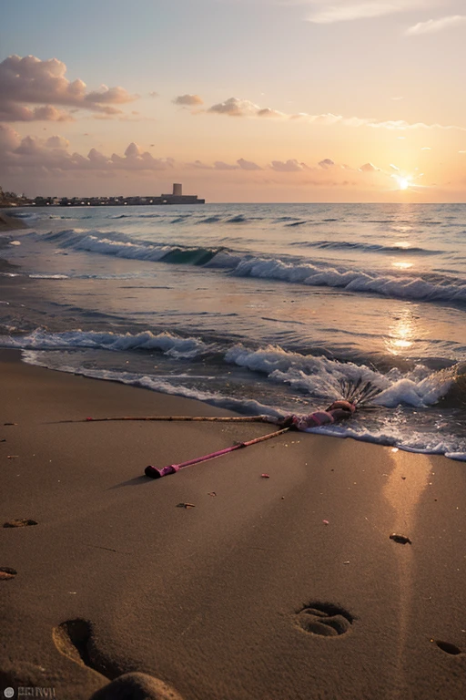 "Create an image of a deserted beach at dusk, with palm trees and rocks standing out against an orange and pink sky. The sea should be calm and reflect the light of the setting sun. Il doit y avoir une  embarcation sur la plage, with fishing nets and fishing gear scattered around. La résolution de l'image doit être de 3000 x 2000 pixels au moins.