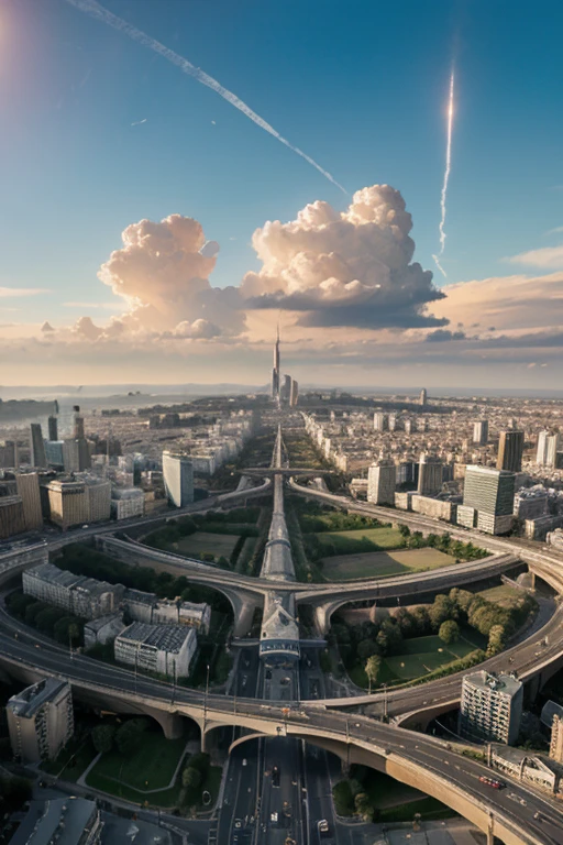 Create an image of a futuristic city floating in the sky, with buildings and roads suspended in the air by cables and pillars. La ville doit être lumineuse et colorée, avec des lumières et des éclairages qui mettent en valeur l'architecture futuriste. La perspective doit être prise depuis le sol, montrant la ville dans toute sa splendeur. La résolution de l'image doit être de 2500 x 1667 pixels au moins.