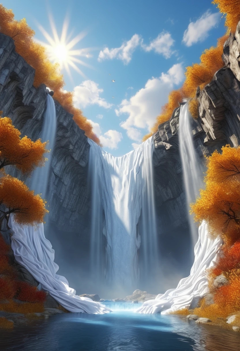 red Waterfall plunge down from super higher, Stretching endlessly through purple haze. Rushing down amidst mixed trees, Splashing out from amidst the heavy clouds, fantasy art, (best quality, masterpiece, Representative work, official art, Professional, Ultra intricate detailed, 8k:1.3)
