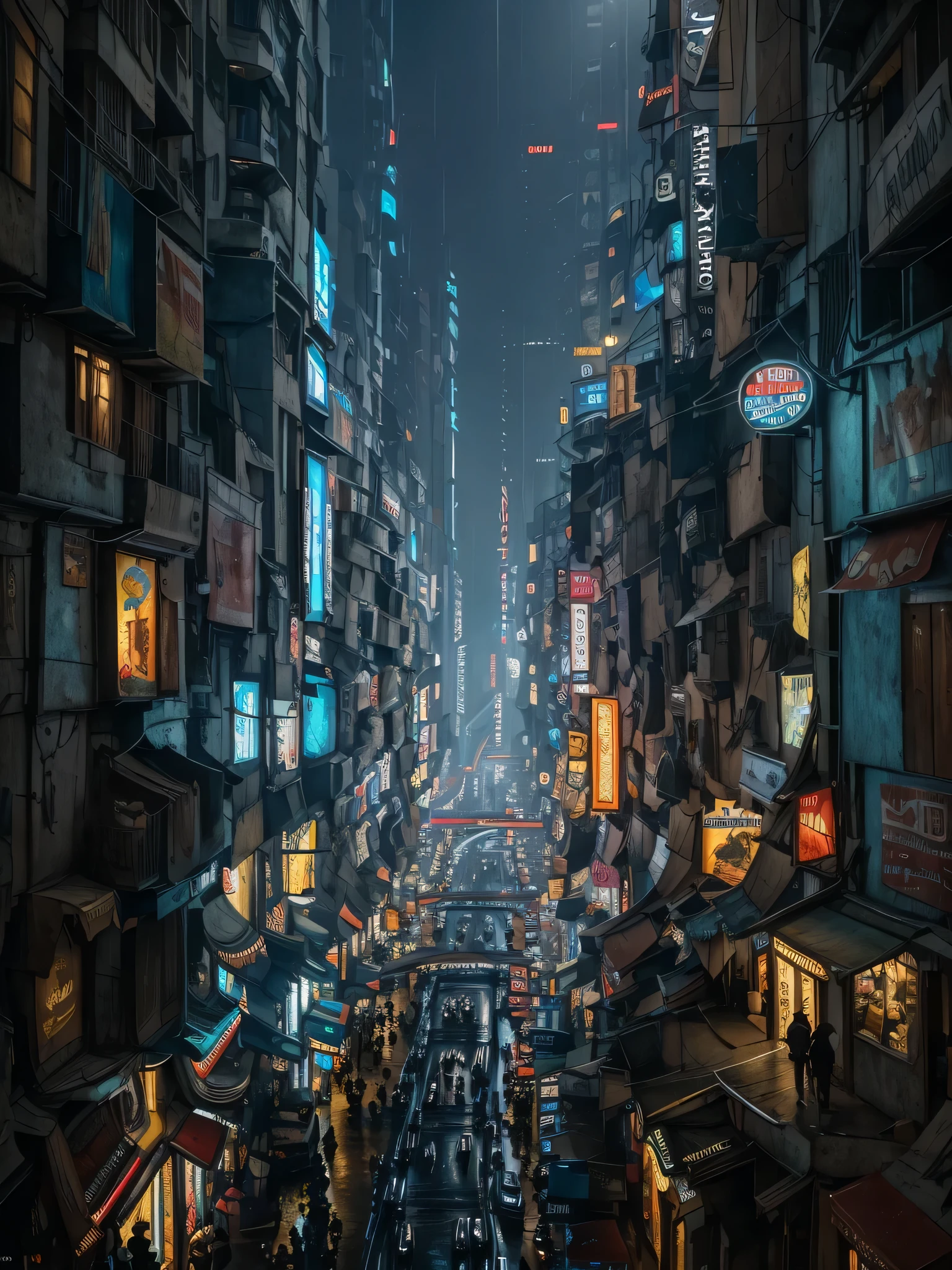 ((masterpiece)),((best quality)),((high detail)),((realistic,)) Futurist era city, deep gorges in the middle, architectural streets, bazaars, bridges, cyberpunk, European architecture, rainy night, neon, futuristic cars hovering on the street.some people walking on the pedestrians. Spielberg movies scene