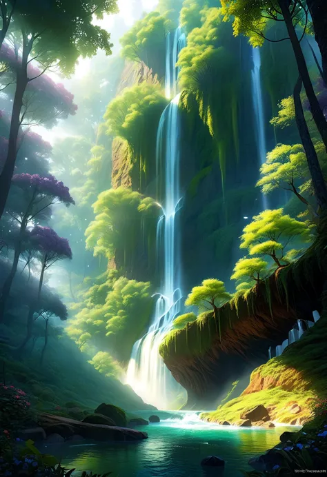 The waterfall pouring down in the forest is like a fairyland. A beautiful artistic illustration, nature原始, Forest magic, fantasy...