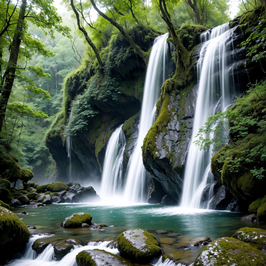 highres,realistic,waterfall,nature,beautiful,serene,lush greenery,misty,sunlight streaming through the trees,refreshing,majestic,roaring water,sparkling droplets,cascading,flowing river,white foamy waves,tranquil atmosphere,endless cascade of water,peaceful escape,natural wonder,tall cliffs,hidden oasis,serene pool at the base,colorful rainbow in the mist,fresh breeze,serene sounds of nature,harmonious blend of sights and sounds,vivid colors,gentle spray,cooling mist,dancing water,pristine beauty,magnificent view,fairy tale setting,enchanted forest,magical ambiance,harmony between water and nature,awe-inspiring,stunning view,harmonious blend of sights and sounds,mother nature's artwork