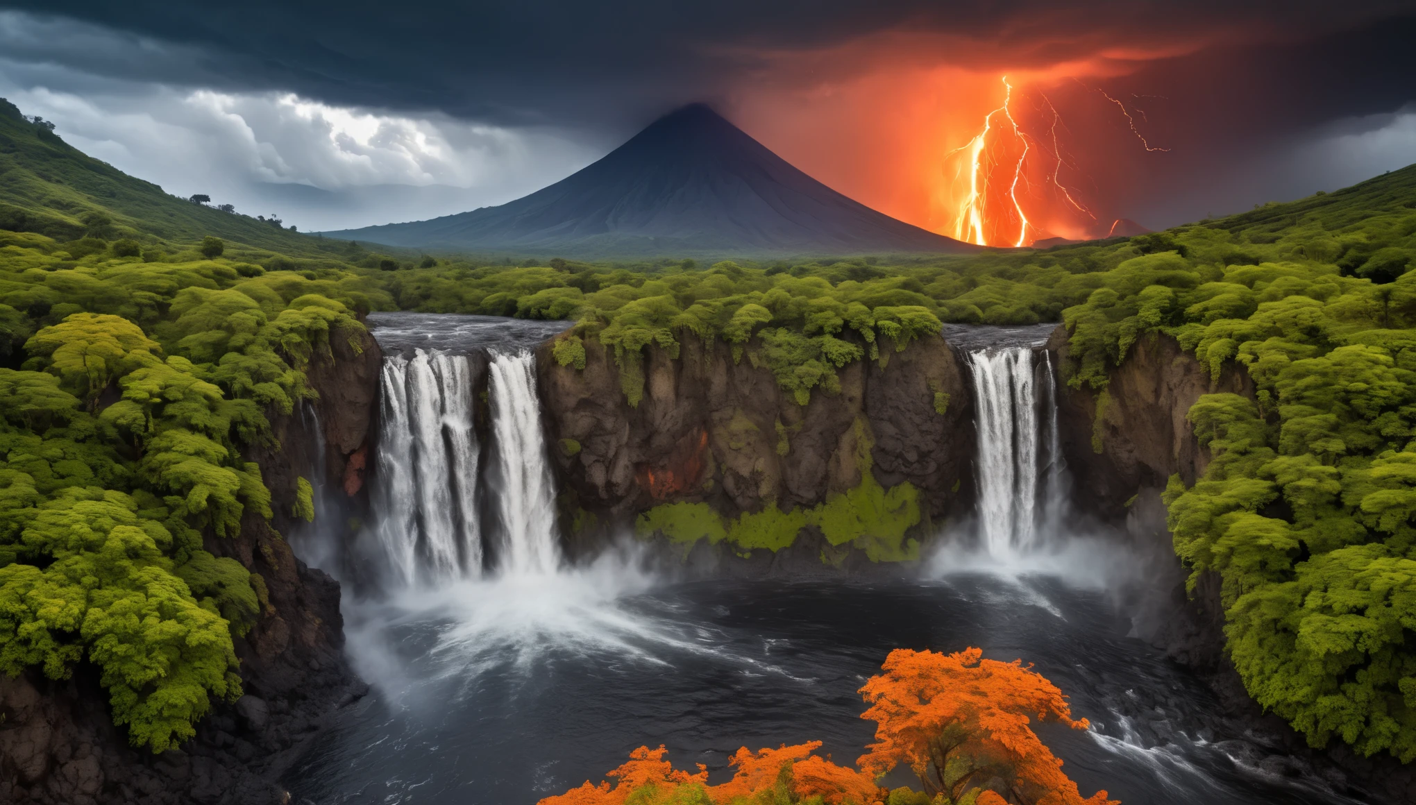 Arafed view of a waterfall with a lightning bolt in the distance ...