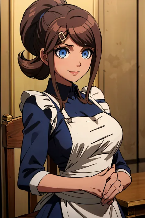 Aoi Asahina, Antique Maid Uniform, dark brown hair, mid long hair, blue eyes, young adault, 22 years, beautiful face, light smile, castel backround