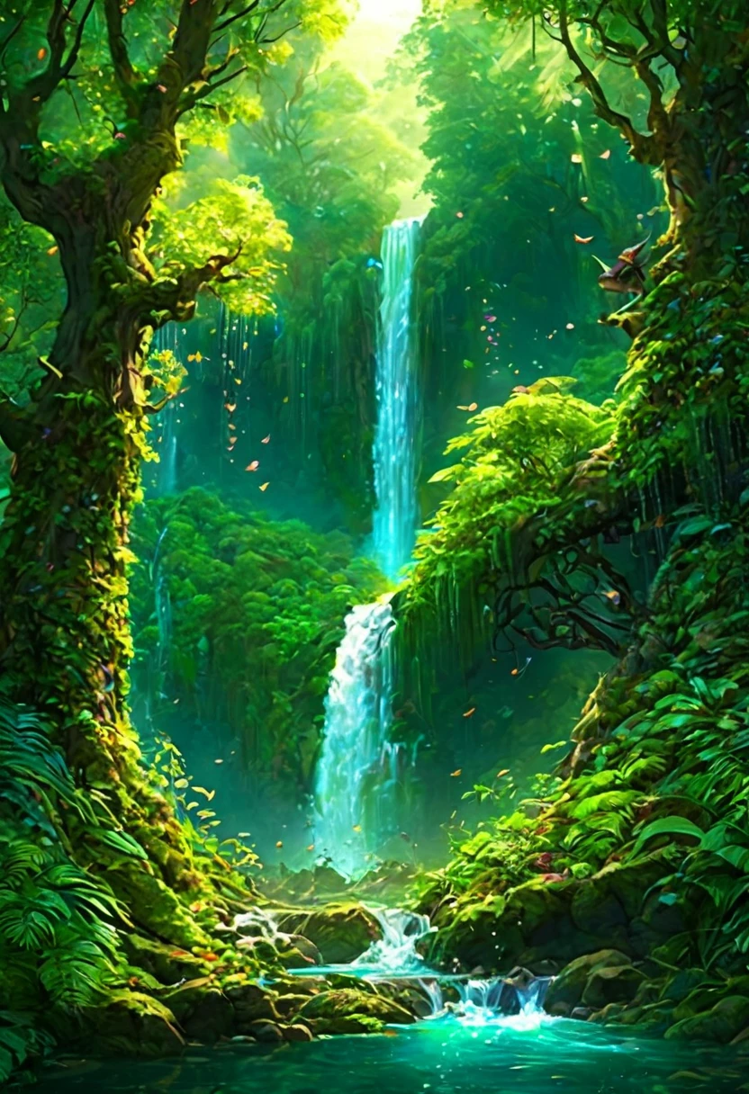 The waterfall pouring down in the forest is like a fairyland. A beautiful artistic illustration, NatureOriginal, Forest magic, fantasy art, Digital 2D fantasy art, Anime Fantasy Illustration, Beautiful digital art work, fantasy numbers, Digital Fantasy Illustration,Beautiful illustration, detailed Digital 2D fantasy art, nature.