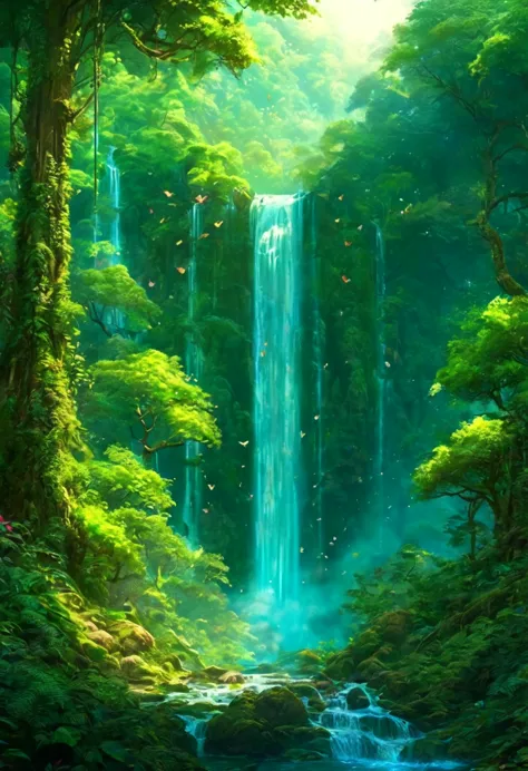 The waterfall pouring down in the forest is like a fairyland. A beautiful artistic illustration, nature原始, Forest magic, fantasy...