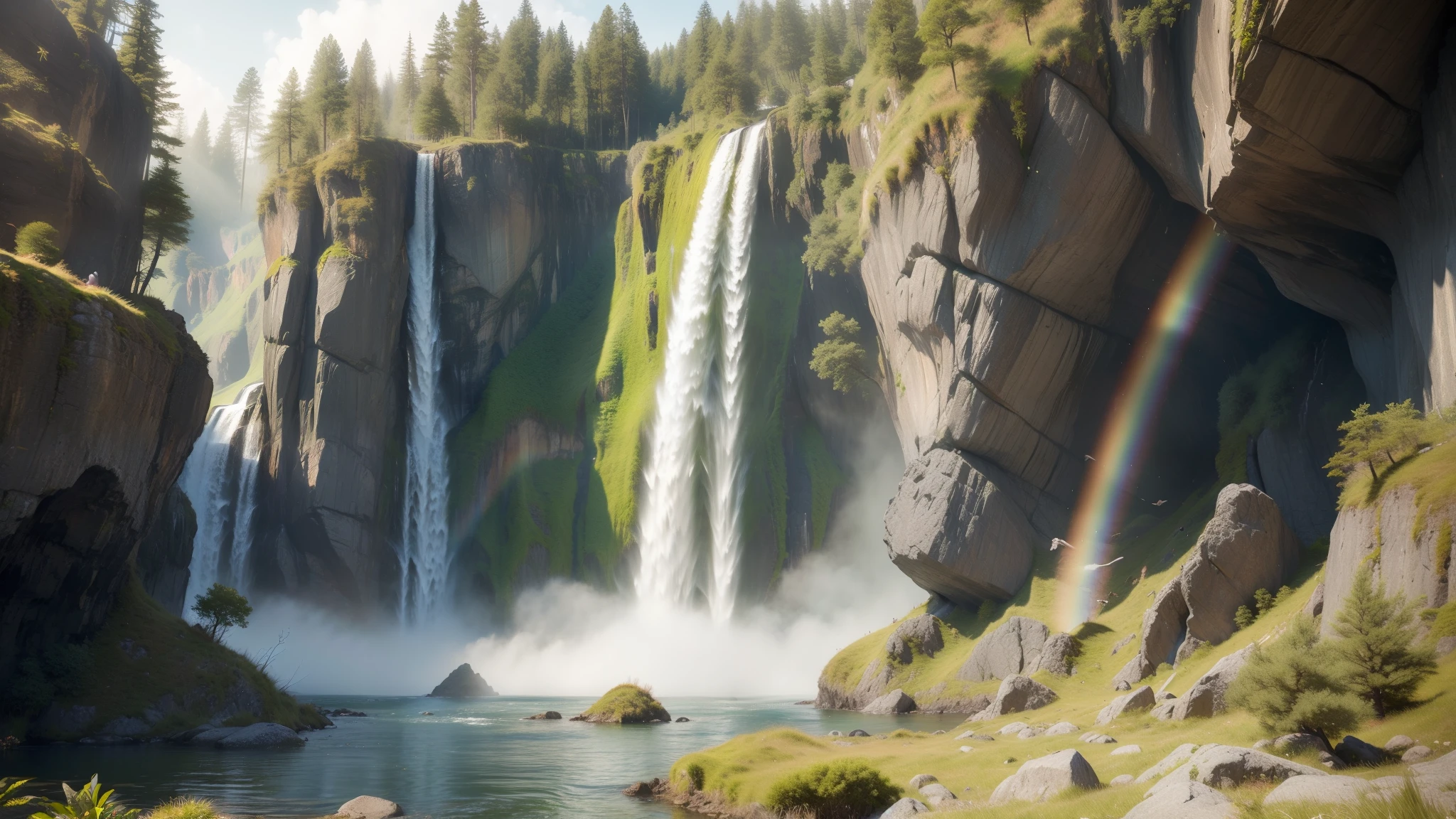 Aerial viewing angle，shrouded in mist，A huge waterfall on a towering mountain，Rising water vapor，rainbow，Sun glare spots，Realistic ray tracing，True light reflection，Real light refraction，Super fine，Super realistic，Super dreamy，Extreme portrayal，8k，masterpiece，