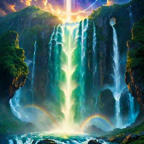 in the mystical realm of asgard, amidst the cosmic expanse, a resplendent waterfall cascades from the heavens, illuminated by be...