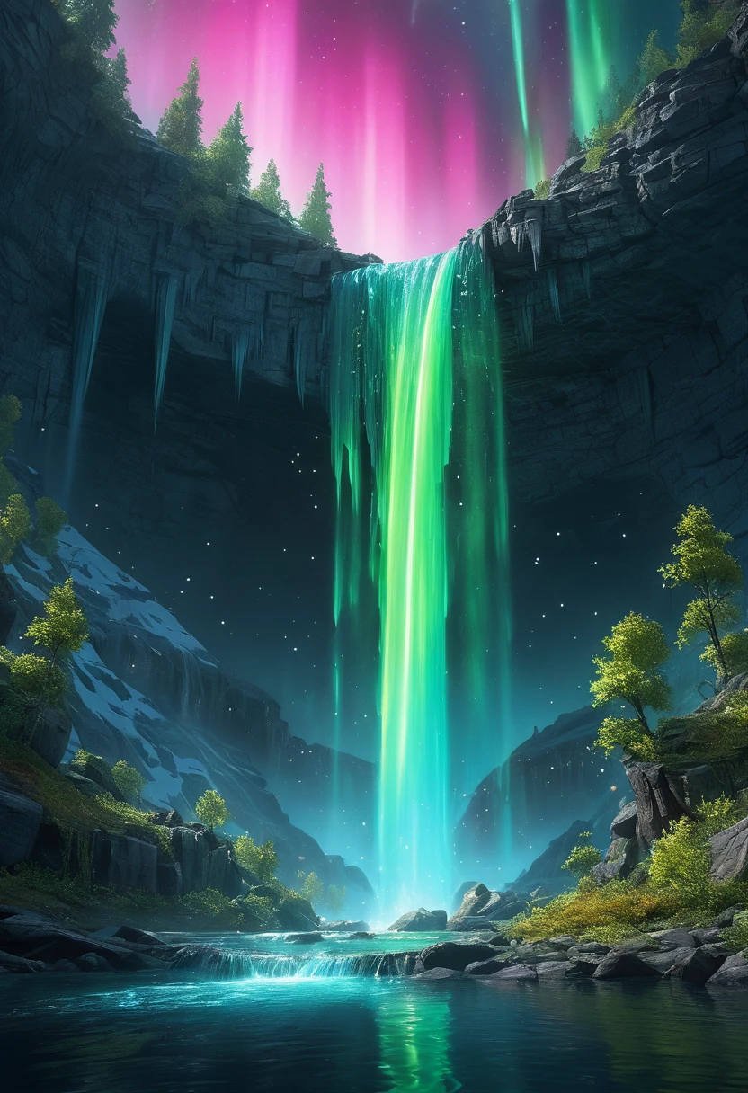 red Waterfall plunge down from super higher, Stretching endlessly through purple haze. Rushing down amidst mixed trees, Splashing out from amidst the heavy clouds, fantasy art, (best quality, masterpiece, Representative work, official art, Professional, Ultra intricate detailed, 8k:1.3)