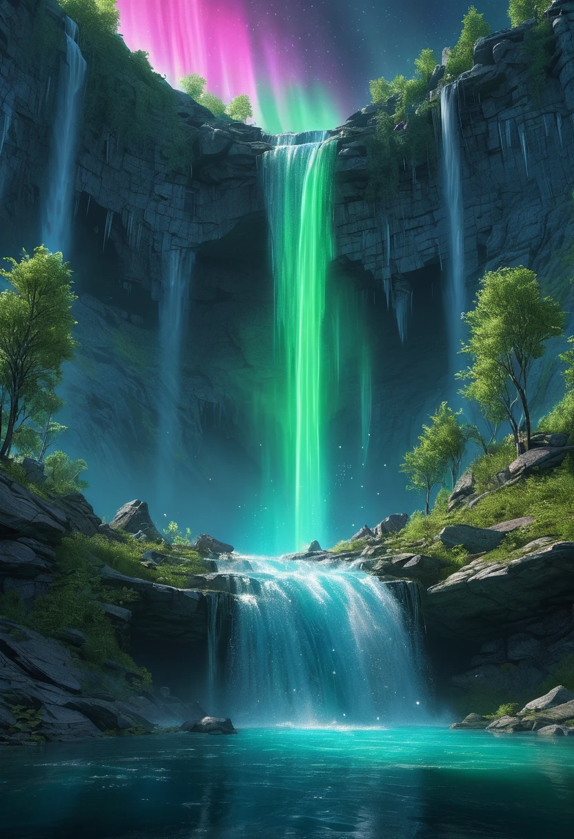 red Waterfall plunge down from super higher, Stretching endlessly through purple haze. Rushing down amidst mixed trees, Splashing out from amidst the heavy clouds, fantasy art, (best quality, masterpiece, Representative work, official art, Professional, Ultra intricate detailed, 8k:1.3)