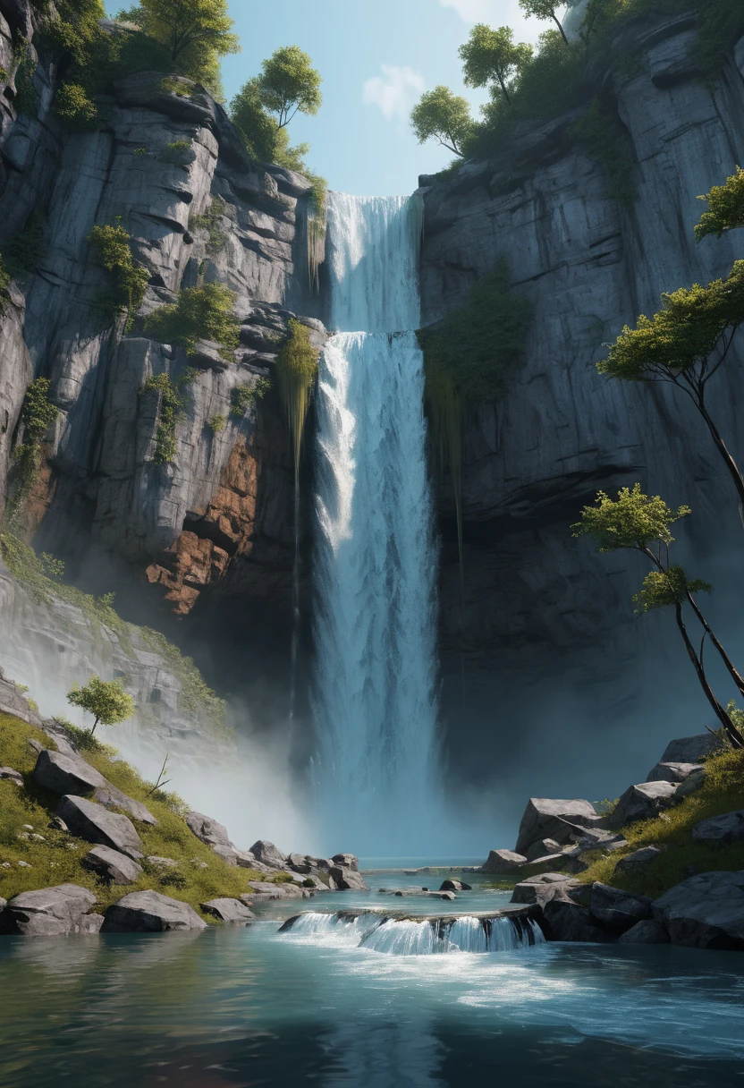 red Waterfall plunge down from super higher, Stretching endlessly through purple haze. Rushing down amidst mixed trees, Splashing out from amidst the heavy clouds, fantasy art, (best quality, masterpiece, Representative work, official art, Professional, Ultra intricate detailed, 8k:1.3)