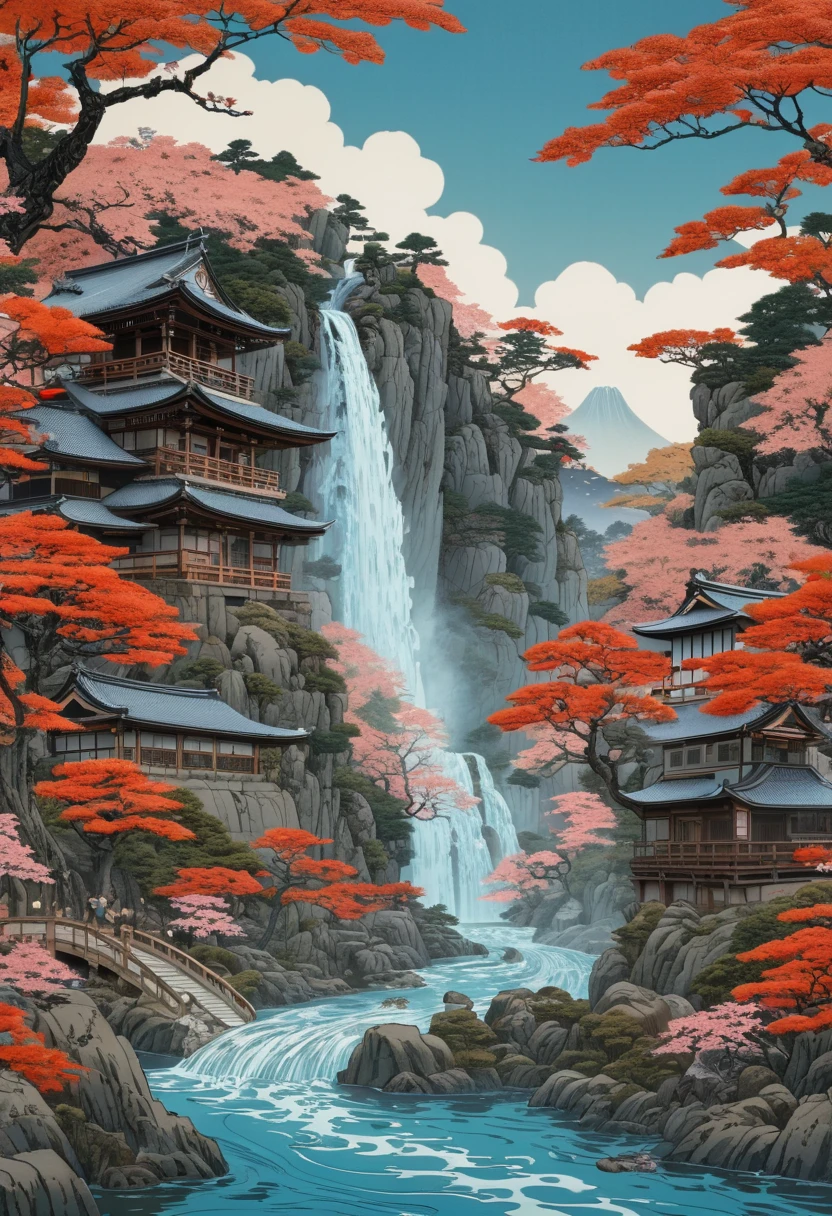 red Waterfall plunge down from super higher, Stretching endlessly through purple haze. Rushing down amidst mixed trees, Splashing out from amidst the heavy clouds, fantasy art, (best quality, masterpiece, Representative work, official art, Professional, Ultra intricate detailed, 8k:1.3)