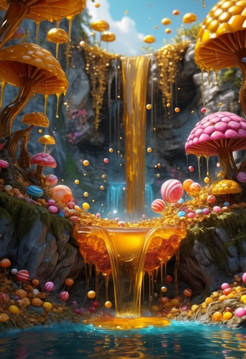 red Waterfall plunge down from super higher, Stretching endlessly through purple haze. Rushing down amidst mixed trees, Splashing out from amidst the heavy clouds, fantasy art, (best quality, masterpiece, Representative work, official art, Professional, Ultra intricate detailed, 8k:1.3)