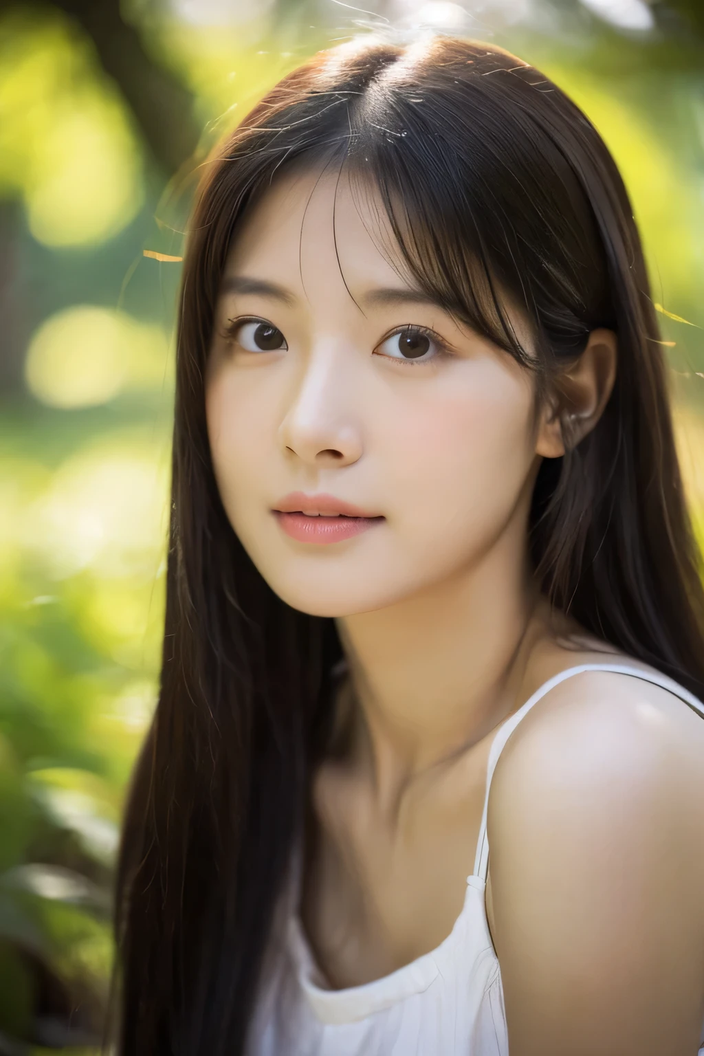 ８ｋ、High resolution、Beautiful woman of primitive times、young、white skin,、narrow eyes,high nose,lighting that illuminates the face、clear image、intellectual beauty、skinny、no makeup、The expression you show to your lover,shining hair、single eyelid,、vivid pose、looking at camera、relax on vacation、first inhabited country、Primeval forest、Hunting life、