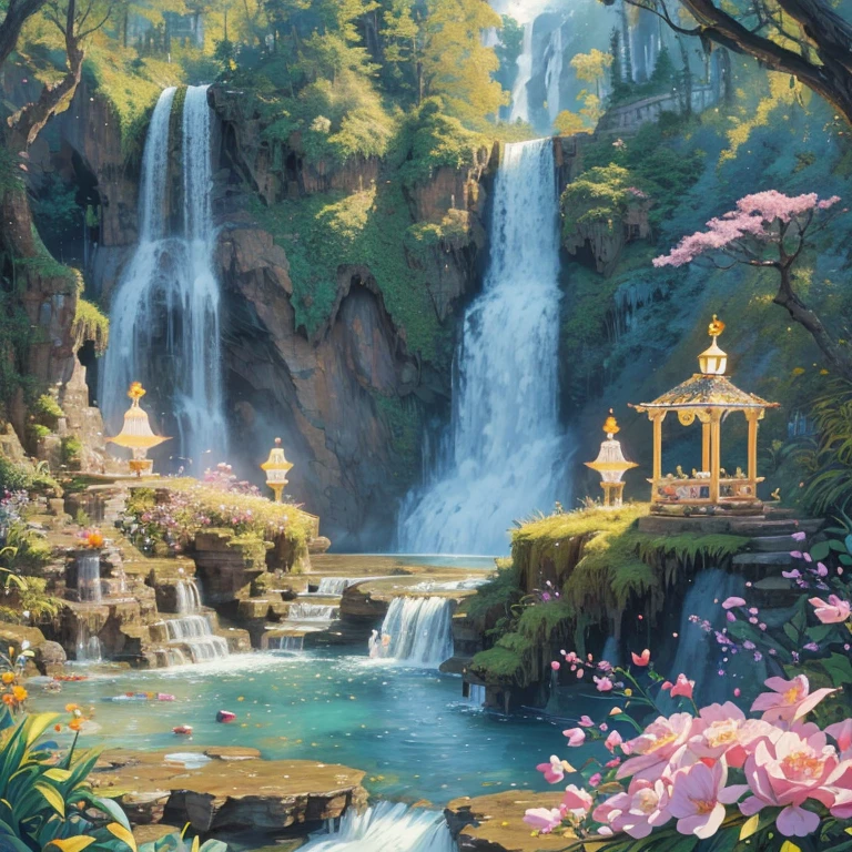 red Waterfall plunge down from super higher, Stretching endlessly through purple haze. Rushing down amidst mixed trees, Splashing out from amidst the heavy clouds, fantasy art, (best quality, masterpiece, Representative work, official art, Professional, Ultra intricate detailed, 8k:1.3)