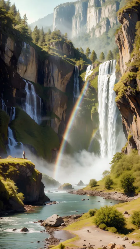 Aerial viewing angle，shrouded in mist，A huge waterfall on a towering mountain，Rising water vapor，rainbow，Sun glare spots，Realist...