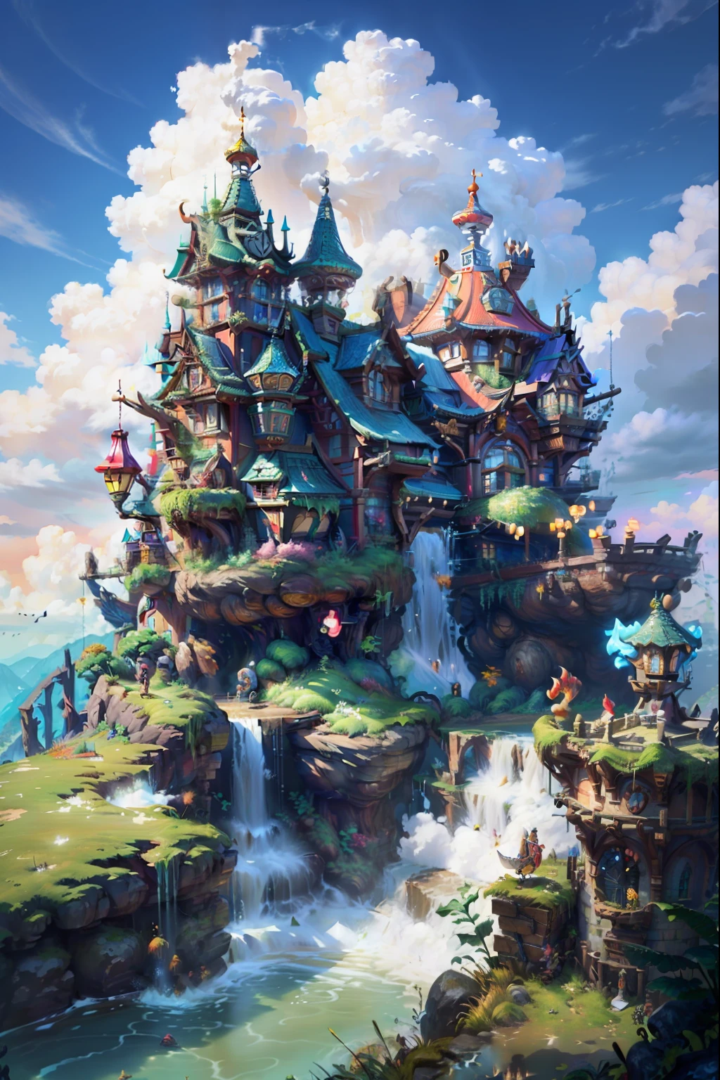cartoon illustration of a castle with a waterfall and a bridge, fantasy house, castle in the sky style, fantasy art style, flying cloud castle, background art, detailed digital 2d fantasy art, stylized concept art, 8k high quality detailed art, detailed 2d illustration, fantasy architecture, magical fantasy 2 d concept art, background artwork, 4k detailed digital art