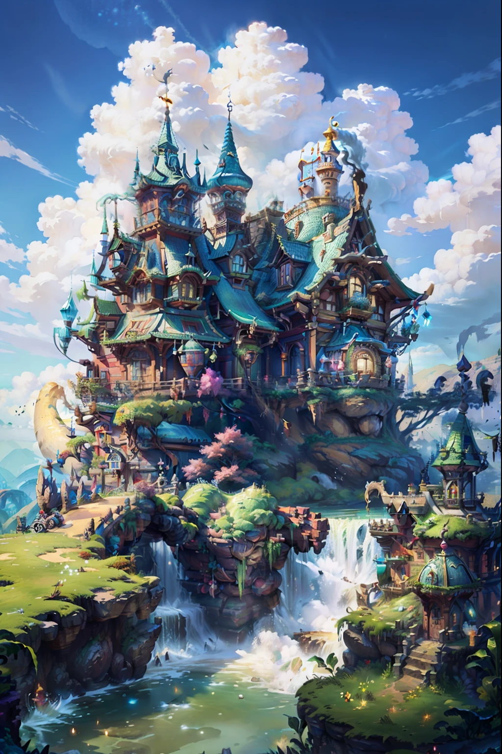 cartoon illustration of a castle with a waterfall and a bridge, fantasy house, castle in the sky style, fantasy art style, flying cloud castle, background art, detailed digital 2d fantasy art, stylized concept art, 8k high quality detailed art, detailed 2d illustration, fantasy architecture, magical fantasy 2 d concept art, background artwork, 4k detailed digital art
