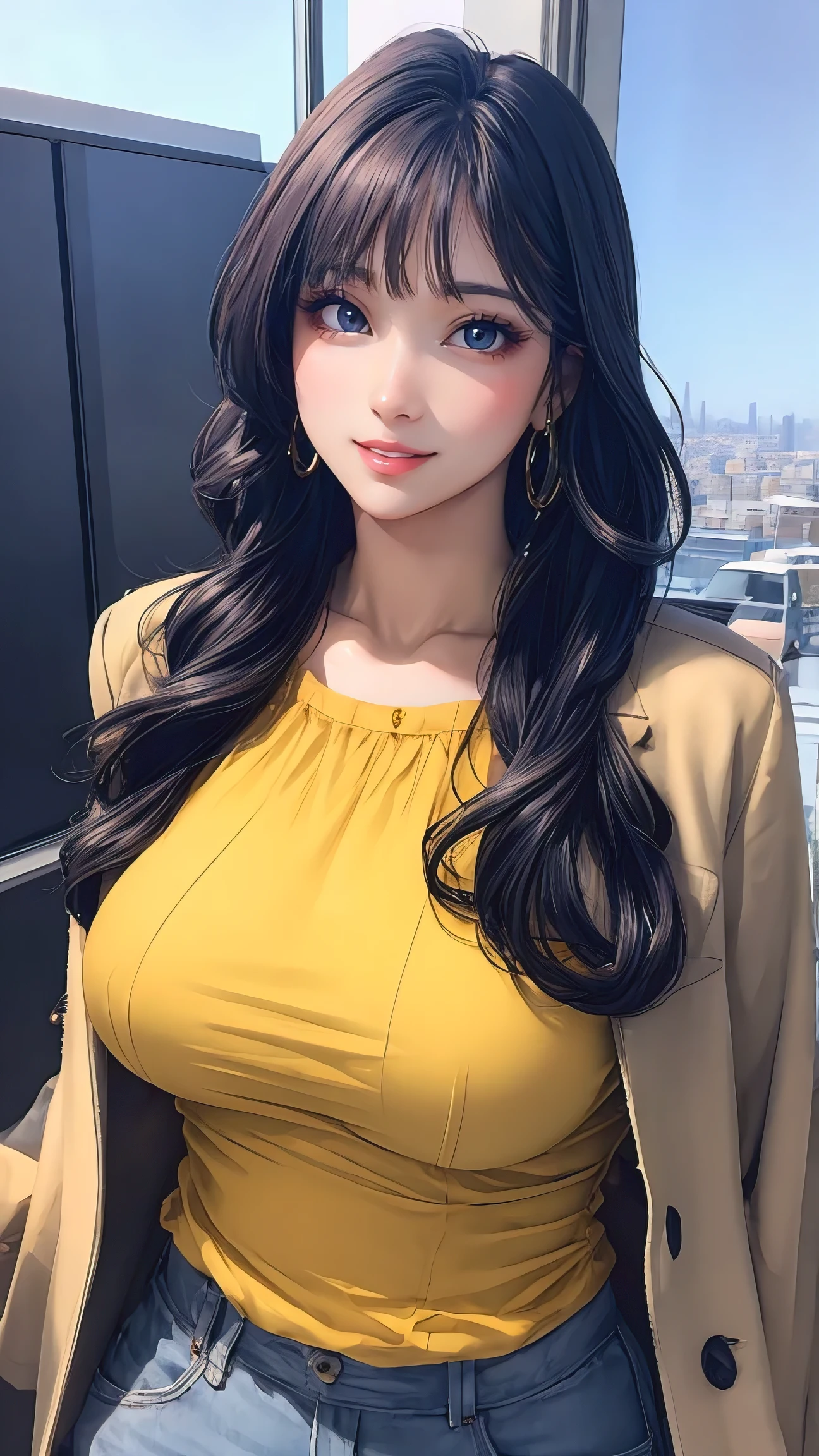 (best quality, masterpiece:1.2), perfect body, wide hips, large breasts, printed blouse, jacket, pants, big city, random composition, vibrant, 8k, uhd, hdr, pbr