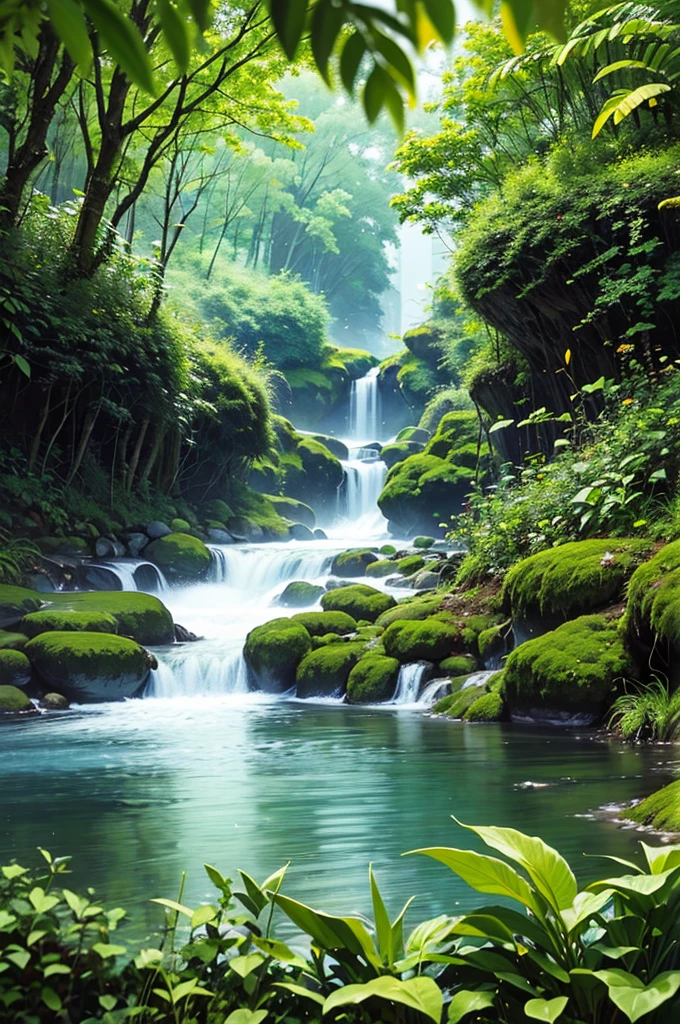 painting of a waterfall in a mountainous area with a house on the top, vertical wallpaper, 4k vertical wallpaper, 4 k vertical wallpaper, 8 k vertical wallpaper, 8k vertical wallpaper, ross tran. scenic background, beautiful mattepainting, 4 k matte painting