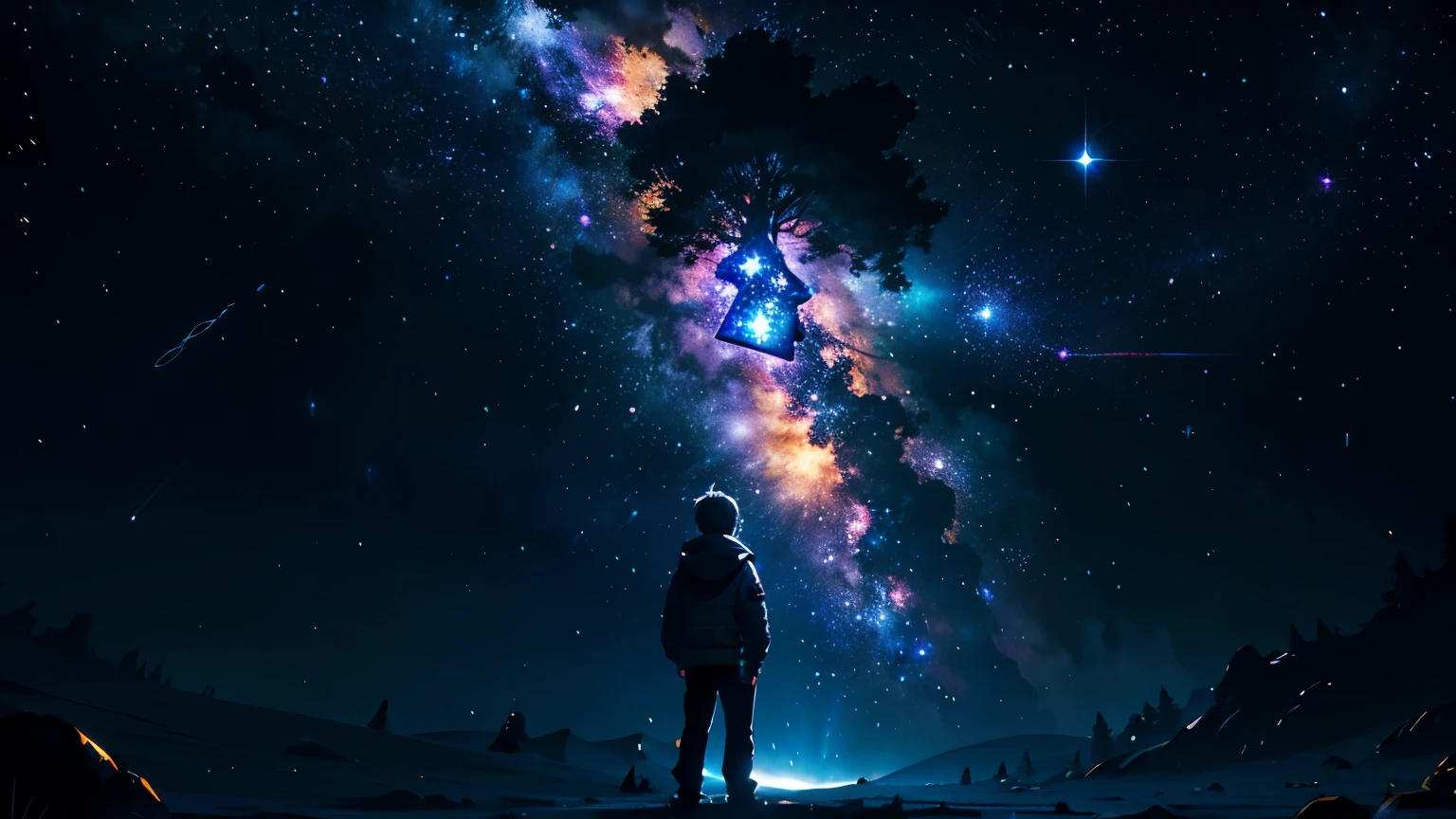 A boy, alone, standing, in outer space, giant star, bright star, dim sky, noble clothing, white clothing, golden clothing, black clothing, Yggdrasil tree, giant tree, smaller stars, (8k super detailed), (masterpiece), ((masterpiece)), ((cinematic quality)), character looking at the screen, Character in space, off-planet, Character flying in space, background stars, Yggdrasil background, Dark sky around, Dark sky background, dark clouds, light clouds, character of light, illuminated character, bright character, emphasis on background elements, emphasis on male character.