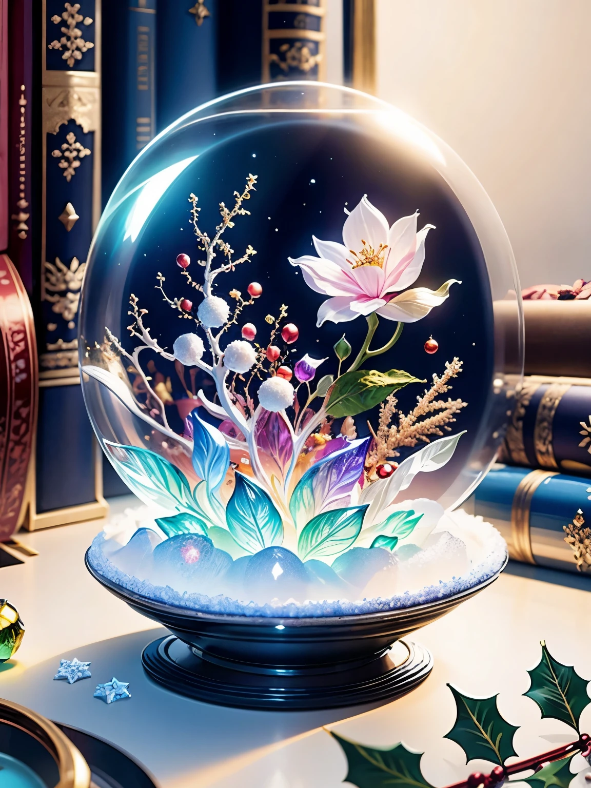 (La best quality,high resolution,super detailed,actual)，Laurel flower formed from jelly，in the room，Christmas decoration，surrounded by christmas gifts，A masterpiece full of fantasy elements）））， （（best quality））， （（intricate details））（8k）