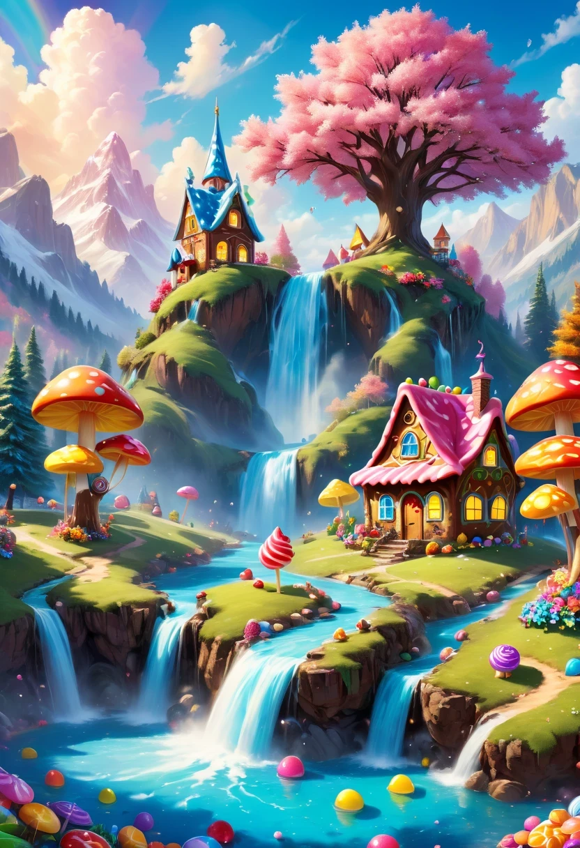 （high resolution：1.2，super detailed，lifelike：1.37），Charming fairy tale world，Amazing ice cream waterfall，Spectacular chocolate waterfall，Surrounded by countless candies，Marshmallow-like clouds，sparkling，Surrounded by colorful lollipops，dreamy deep blue sky，The golden sunlight casts a warm glow on the scene，Charming gingerbread house in candy wonderland，Candy tree with rainbow leaves，Sugar mushrooms dot the landscape，Crystal clear candy river flows through molasses terrain，Playful unicorn playing in Candy Creek，Fairy-like creatures dance in the air，Little children are full of joy and excitement，Immerse yourself in the sweetness around you，A festive atmosphere full of laughter and happiness，The air is filled with sweet aroma，Sophisticated and vivid colors，Picturesque strokes，Bring the scene to life。