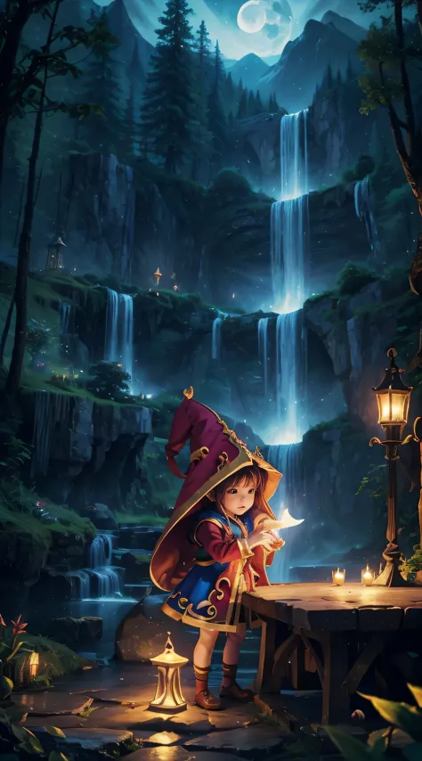 The magician Yordle Lulu (League of legend) illuminates the stage representing a magnificent veil of waterfall, lighting by the ...