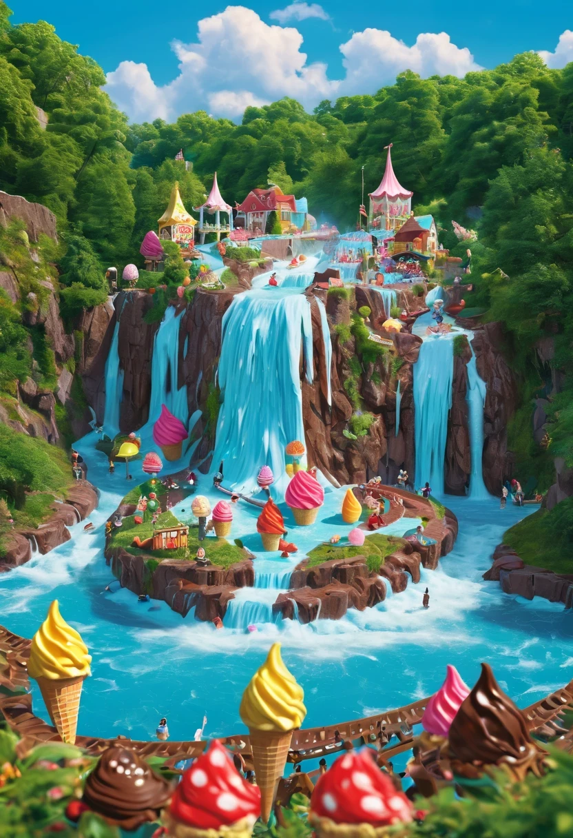 Fairy tale world，ice cream waterfall，Chocolate Falls，Surrounded by candy