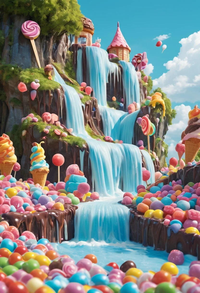 Fairy tale world，ice cream waterfall，Chocolate Falls，Surrounded by candy