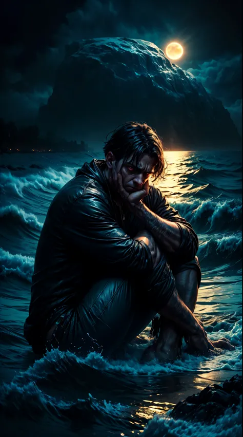 The sad boy sits on the seashore in complete darkness, and he appears alone among the folds of darkness.  He appears burdened wi...