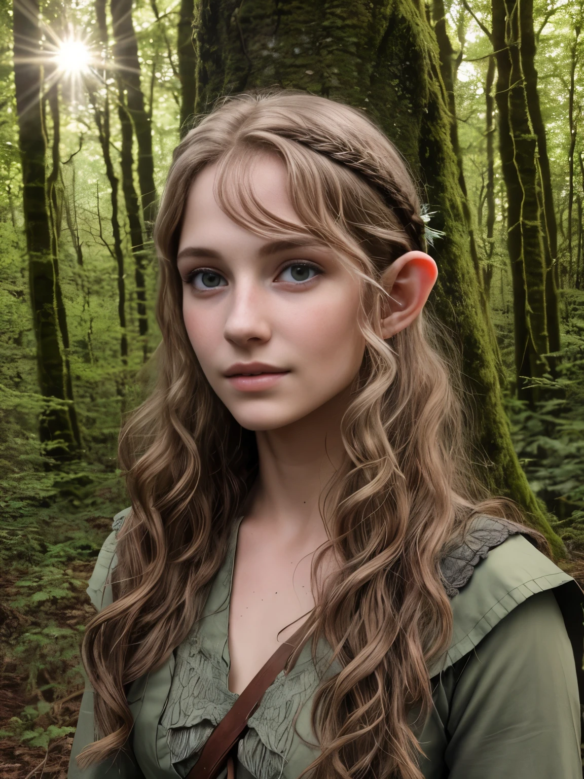 (Realistic:1.4), 18 years old elf archer in the forest, pale curly disheveled hair, delicate features of a thin face, cute sexy, Fantasy style , 8K, proffesional photography, Hi-Def, lifelike skin, Without cosmetics, Incredibly fair skin, background of the Middle Ages, Rocky Creek, The sun shines its rays through the treetops, bokeh