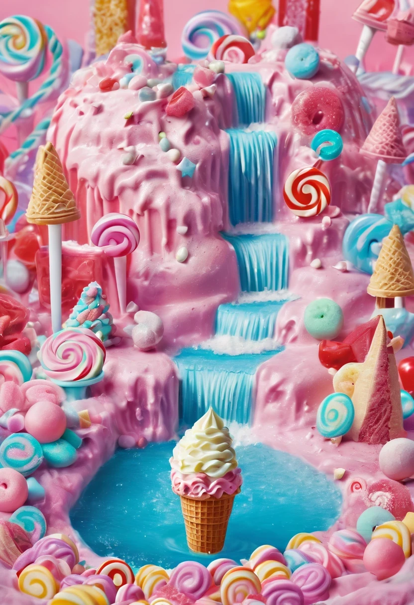 Fairy tale world，ice cream waterfall，Surrounded by candy