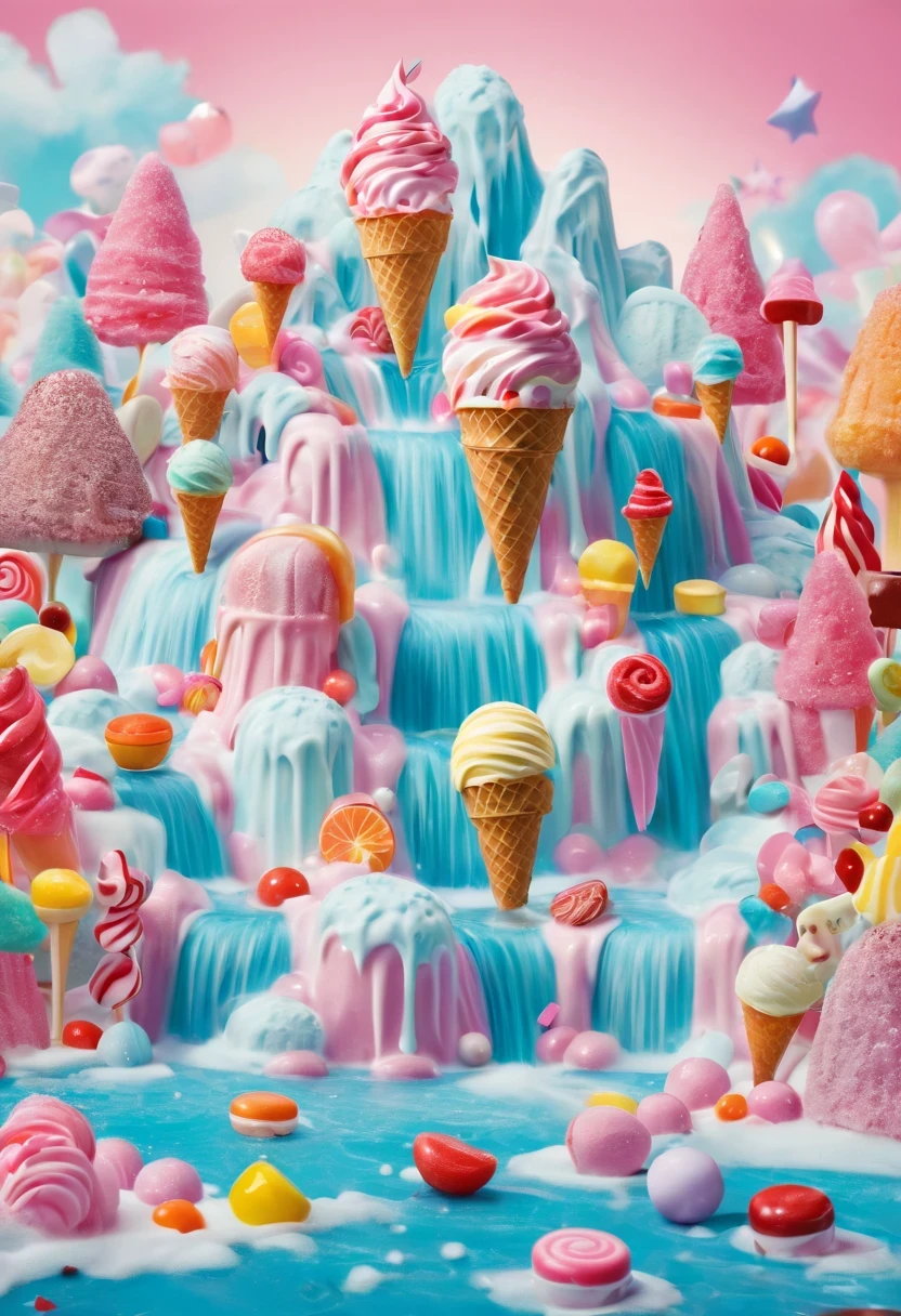 Fairy tale world，ice cream waterfall，Surrounded by candy
