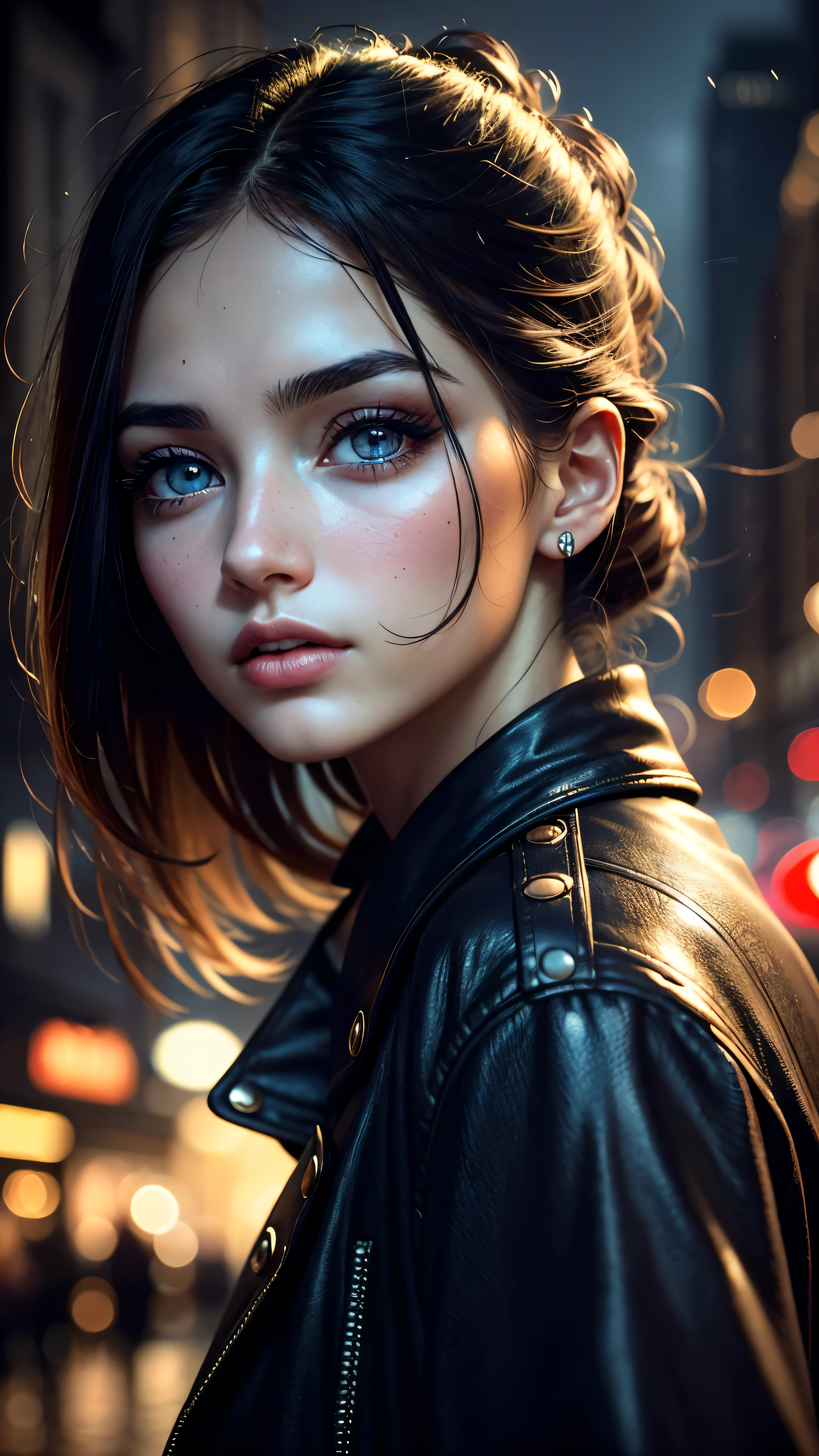 Hermosos ojos detallados, hermosos labios detallados, ojos y rostro extremadamente detallados,pestañas largas, realism, alta resolución, colores vibrantes, urban setting, vista de calle, escena nocturna, iluminación atmosférica, ambiente de mal humor, sombras y luces, pose segura, expresión seria, composición dinámica, estilo cinematográfico.