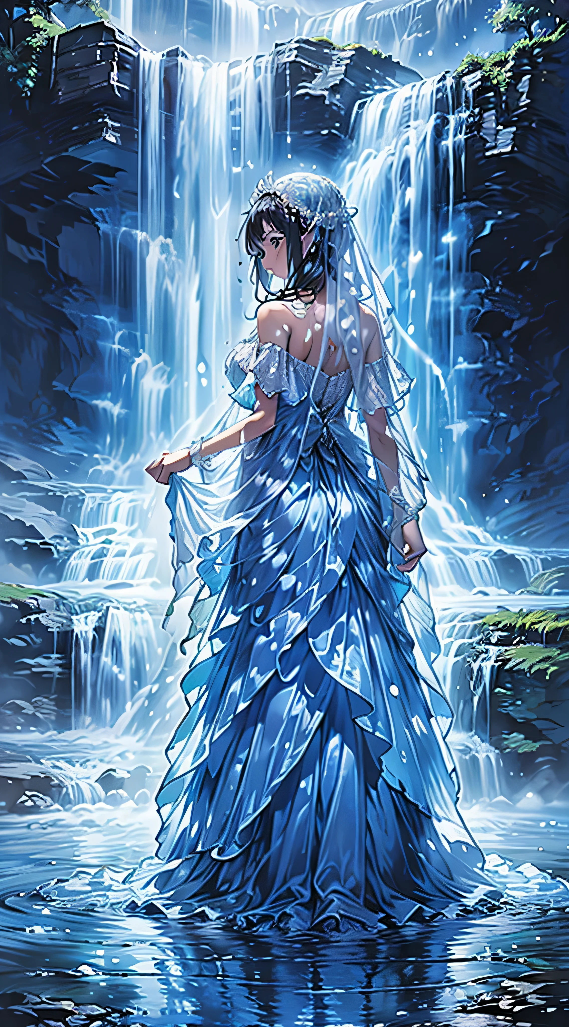 (realistic, bright colors, ultra-detailed, masterpiece, HDR, high detail) a bride (back) with a magnificent veil made of water forming a waterfall, veil blending into the water: matter (veil) waterfall of water, fine droplets. cliff, nature, lake, river, autumn, lagoon, landscape.